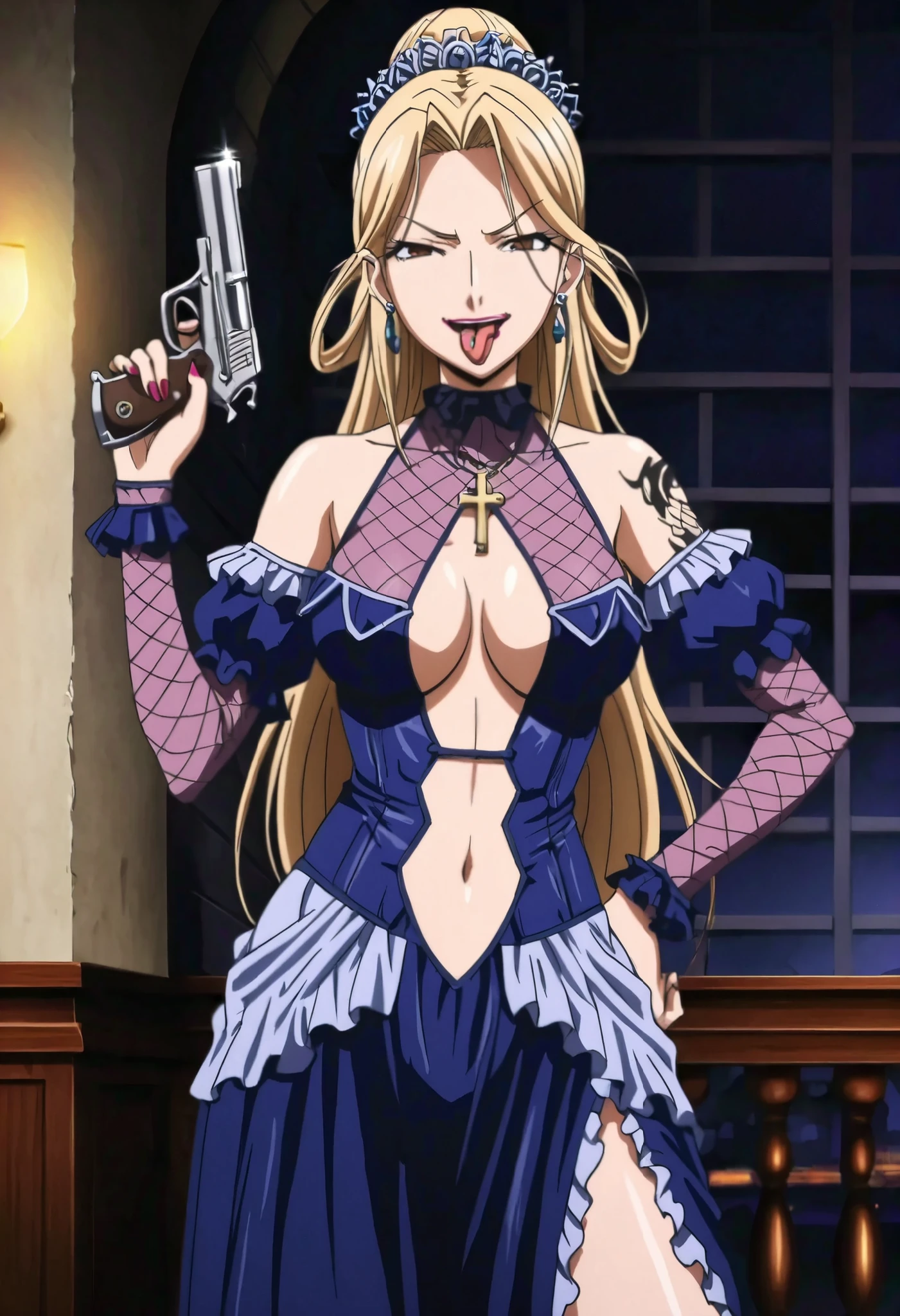 ((masterpiece)),(((best quality))),((ultra-detailed)),((illustration)),((disheveled hair)),((frills)),(1 girl),(solo),
Lihtel \( Samayou Midara na Lunatics\),blonde hair,brown eyes,(anime coloring , anime screencap:1.2),(European Aristocrat Style:1.2),mature,sexy,
dominatrix,Smirk,1girl,bare shoulders,breasts,cleavage,dark,detached sleeves,dress,elbow gloves,fishnets,gloves,hair bun,hair ornament,hakama,hakama skirt,jewelry,lipstick,looking at viewer,makeup,medium breasts,solo,standing,blue dress,long dress, masterpiece, best quality, highly detailed, a girls in long dress with navel cutout posing for a picture, evil
smile, smile, open mouth, () , revealing dress, beautiful dress center opening ,
long dress with bellybutton showing, official artwork, exposed navel, exposed bellybutton, jewelry,
earrings, complex detailed background, casino environment, fancy
interior environment, rich interior, holding a gun, holding pistol, side slit ,
navel cutout, exposed navel, exposed bellybutton, Evil Smile, Malicious Smile, lipstick, nail polish, ear piercing, long hair, , lipstick, Hot girl, baddie, smoking, sensual, attractive ,choker, ,cross necklace, , tongue out, tongue piercing, choker ,jewelry, earrings, () ,, medium large , looking at viewer , dragon tattoo on waist , narrowed eyes , tattoo on waist , anipai_style , anime screencap , anime coloring , v-shape eyebrows ,