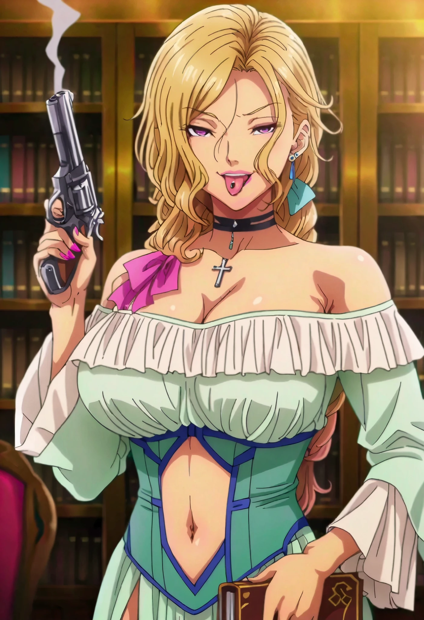 ((masterpiece)),(((best quality))),((ultra-detailed)),((illustration)),((disheveled hair)),((frills)),(1 girl),(solo), Rui \( Okusama no Kaifuku Jutsu\), blonde hair, long hair, purple eyes, lips, lipstick, makeup,mature,sexy, (anime coloring, anime screencap:1.2), 1girl, shoulders, book, bookshelf, bow, braid, , choker, hair bow, indoors, , library, long sleeves, off shoulder, ribbon,green skirt, solo, masterpiece, best quality, highly detailed, a girls in long dress with navel cutout posing for a picture, evil smile, smile, open mouth, () , revealing dress, beautiful dress center opening , long dress with bellybutton showing, official artwork, exposed navel, exposed bellybutton, jewelry, earrings, complex detailed background, casino environment, fancy interior environment, rich interior, holding a gun, holding pistol, side slit , navel cutout, exposed navel, exposed bellybutton, Evil Smile, Malicious Smile, lipstick, nail polish, ear piercing, long hair, , lipstick, Hot girl, baddie, smoking, sensual, attractive ,choker, ,cross necklace, , tongue out, tongue piercing, choker ,jewelry, earrings, () ,, medium large , looking at viewer , dragon tattoo on waist , narrowed eyes , tattoo on waist , anipai_style , anime screencap , anime coloring , v-shape eyebrows ,