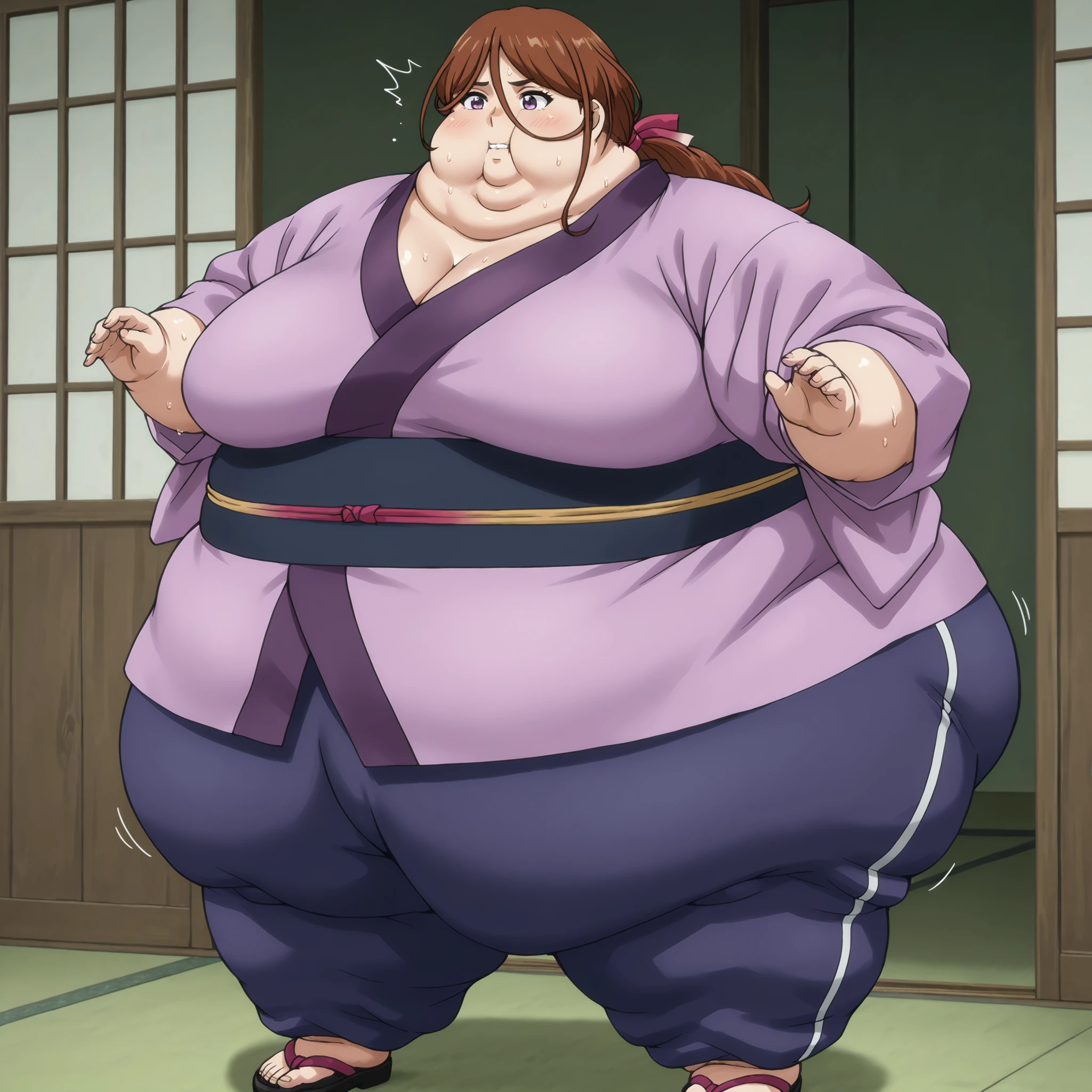 kenshinsatsuki, purple eyes, brown hair, hair between eyes, hair ribbon, long hair, ponytail BREAK
purple kimono, blue sweatpants, sandals, , fat, chubby, obese, gigantic arms and legs, large breasts, sweating, wet body, swollen face, Fat_neck , Fat head , eyes with crushed cheeks , nose with crushed cheeks , mouth with crushed cheeks , chin roll