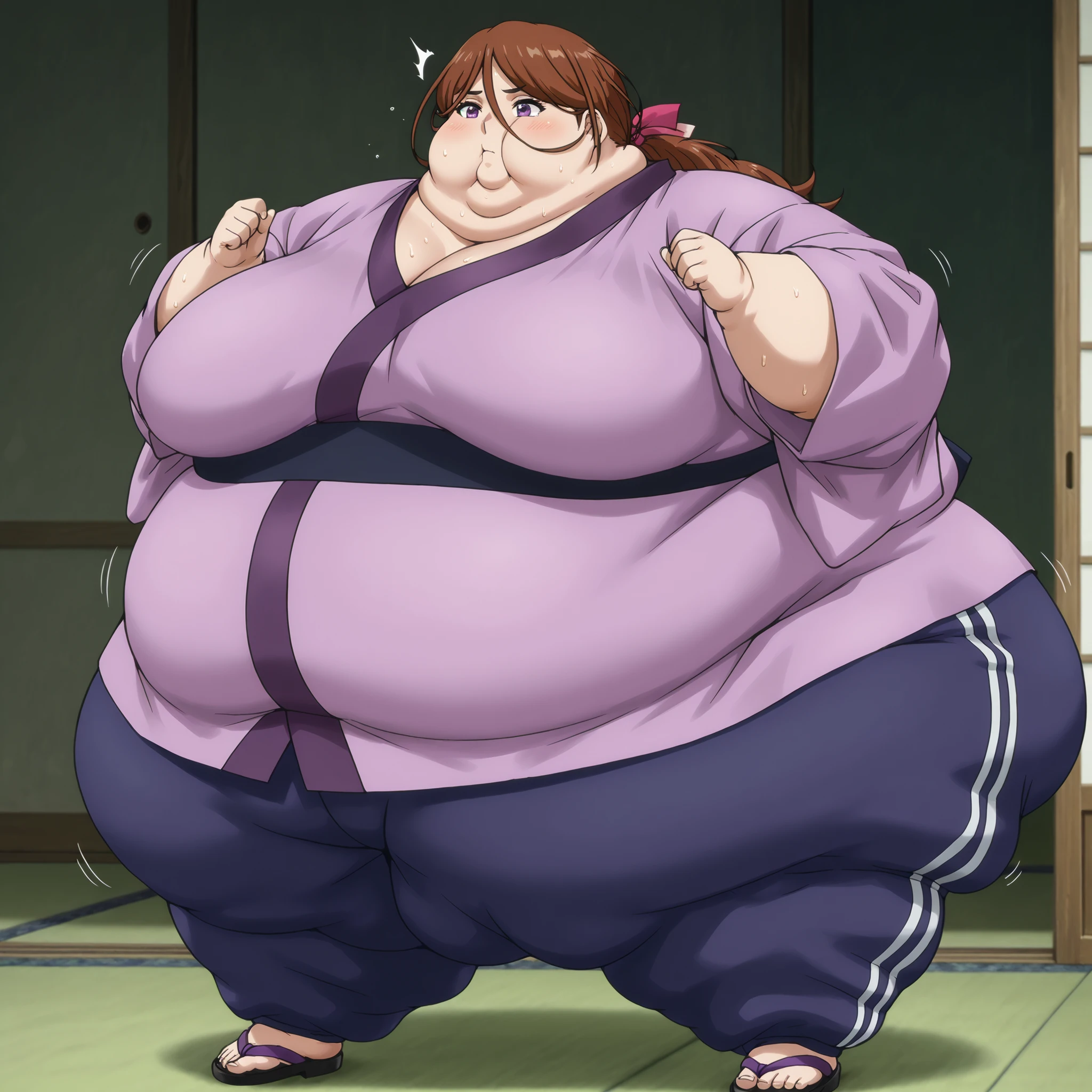 kenshinsatsuki, purple eyes, brown hair, hair between eyes, hair ribbon, long hair, ponytail BREAK
purple kimono, blue sweatpants, sandals, , fat, chubby, obese, gigantic arms and legs, large breasts, sweating, wet body, swollen face, Fat_neck , Fat head , eyes with crushed cheeks , nose with crushed cheeks , mouth with crushed cheeks , chin roll