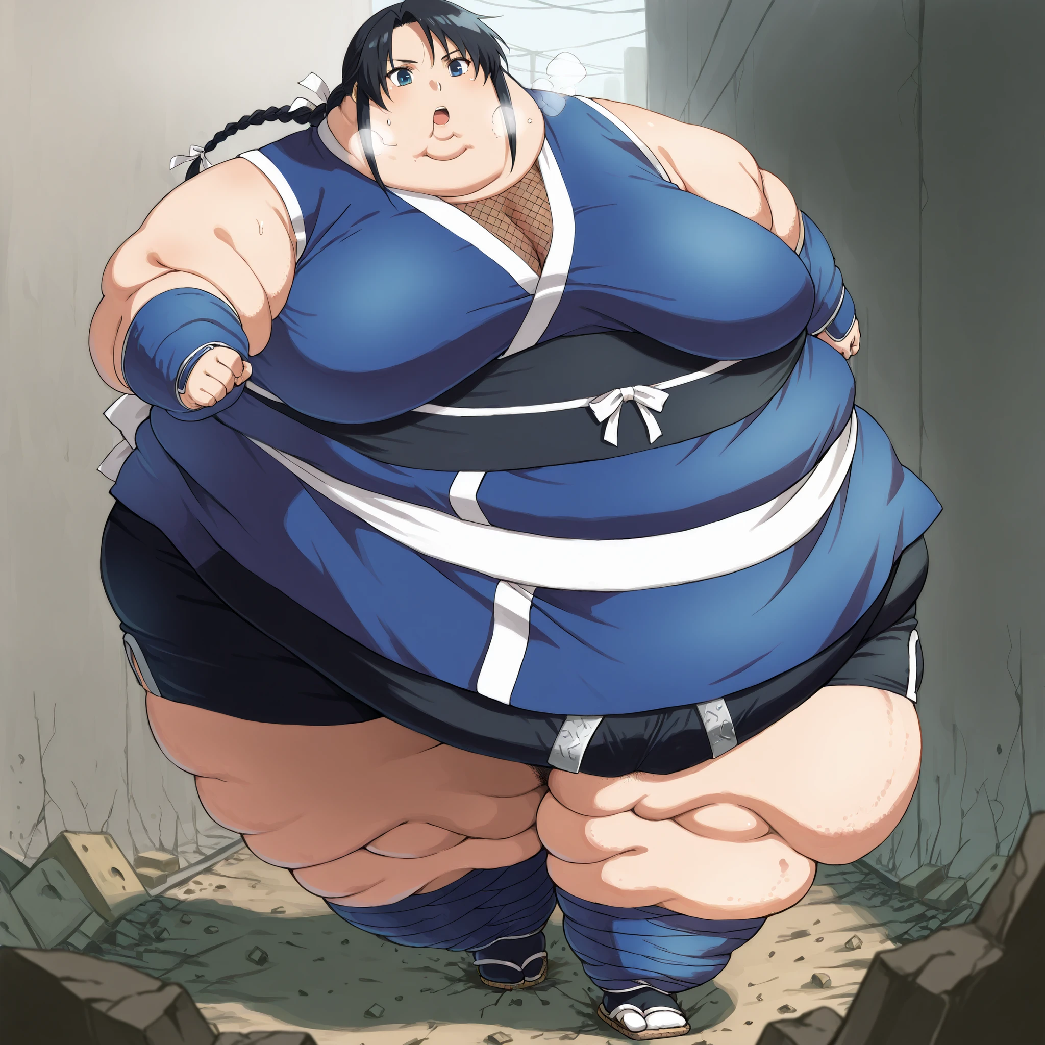 1girl, long hair, black hair, blue eyes, braid, ninja, sleeveless, obi, ribbon, shorts, arm warmers, leg wrap, tabi, sandals, fat, chubby, obese,, large breasts open mouth, out of breath, hairy, pubic hair, walking, ground breaking underneath while walking