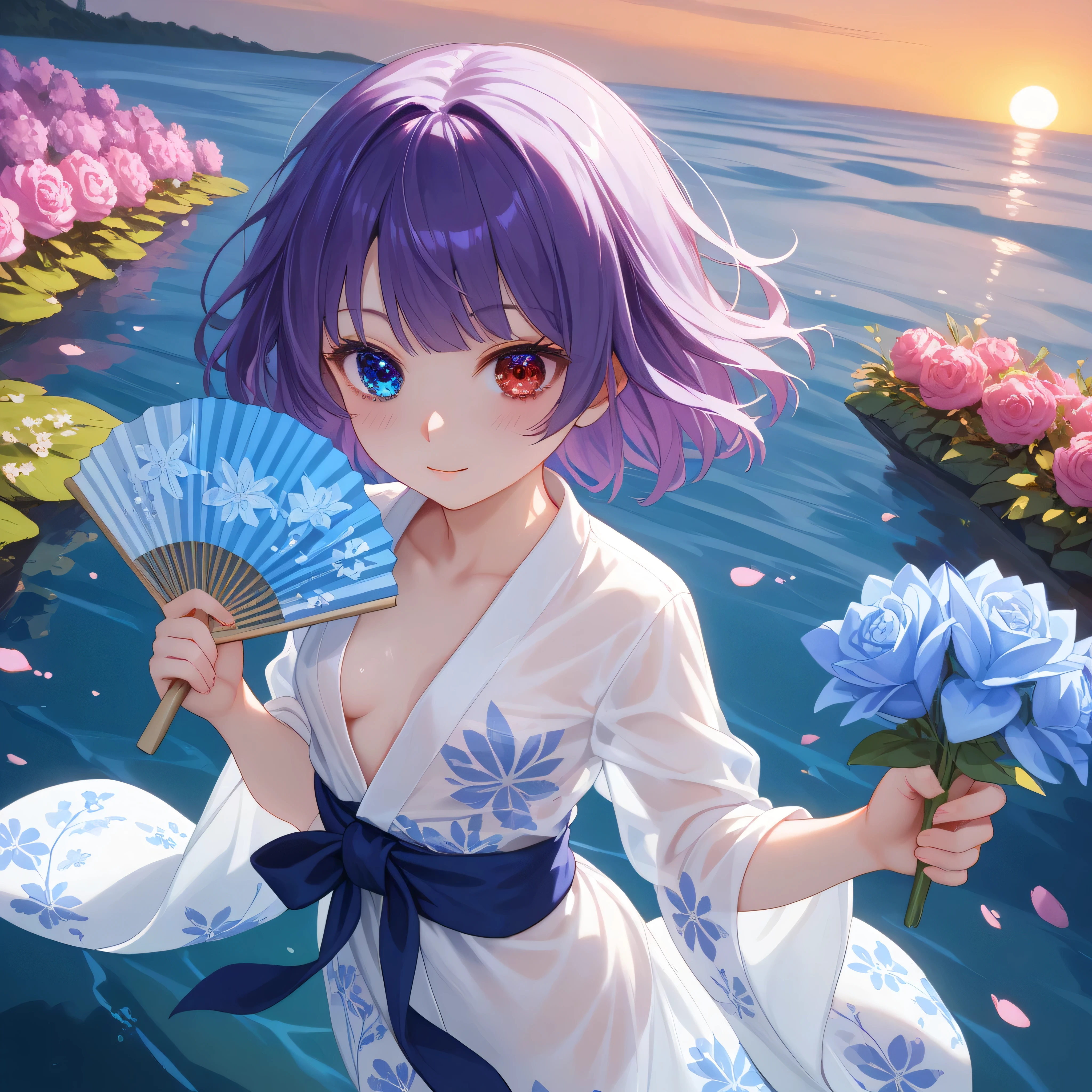 ((Highest quality, 8K, highest resolution, masterpiece, ultra-realistic)), ((Purple pareo tied around waist)), ((High school girl with heterochromia)), ((Heterochromia, blue eyes, red eyes)), ((Sparkling, detailed eyes)), (Very precise eyes), ((Crystal-like eyes)), (Long, wavy platinum and purple hair), Princess cut, ((Translucent white skin)), Shining skin, Very white skin, ((Very small breasts)), ((Walking along the banks of the Kamo River at sunset wearing a pale green cotton yukata with a hydrangea flower print)), ((from above, upper body, looking down)),Gaze, Blushing, ((Holding a fan in hand)), ((Beautiful sunset reflected on the water)), Beautiful sunset