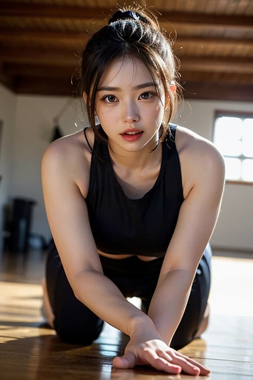 Highly detailed CG unity 8k wallpaper, of the highest quality, Super detailed, masutepiece, Realistic, photographrealistic, extremely detailed cute girl, 25yo, cleavage , (perspired) ,  Round eyes, peeping at the viewer,  Blush, Smile, parted lip, Semi-body shot , Realistic、track suit、Realistic reproduction with vests ,   , Squat, sports gym, short  hair 