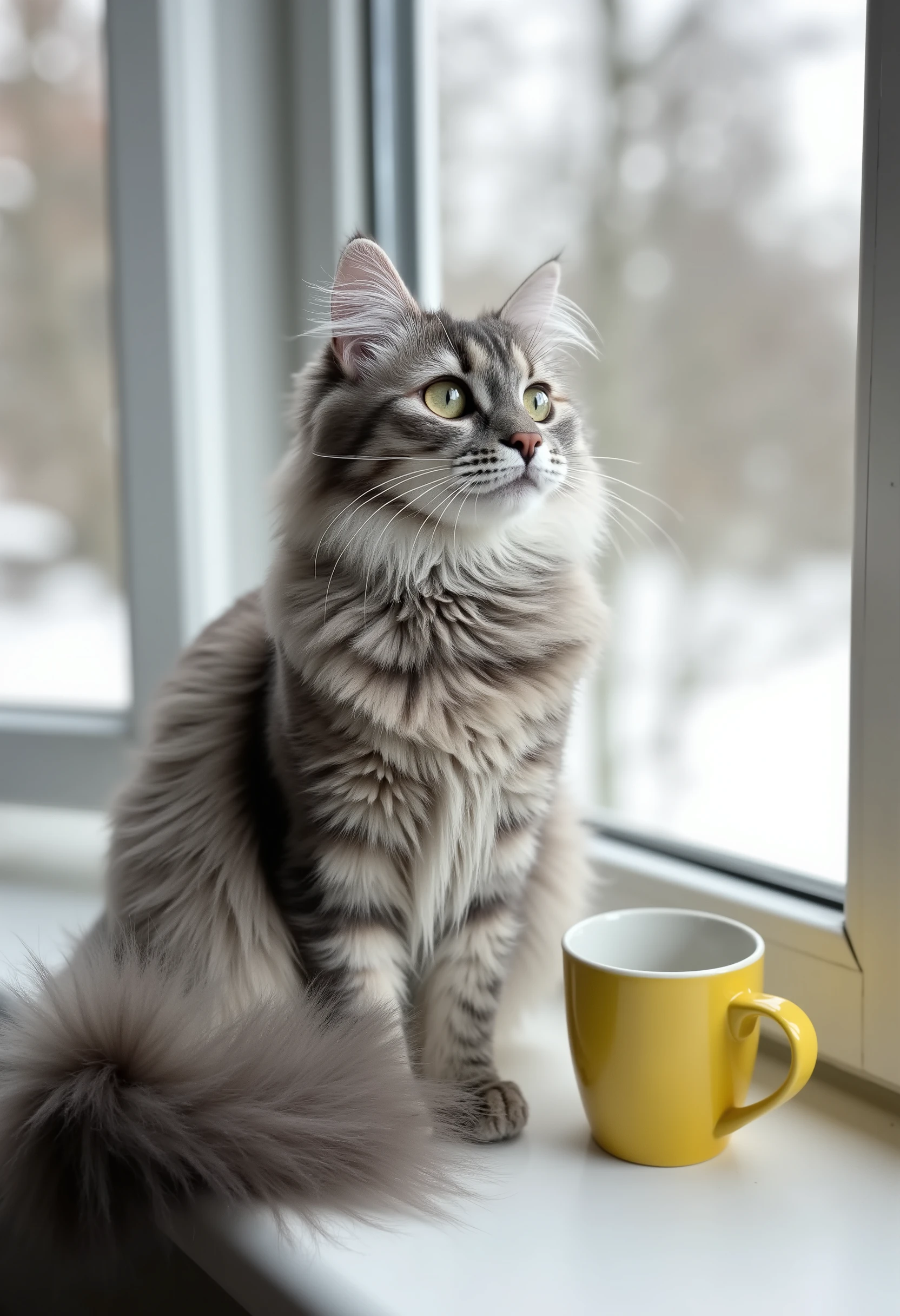 A fluffy, long-haired gray tabby cat sits perched gracefully on a white window sill, gazing intently towards something unseen, exhibiting focused attention, and a look of curiosity. The cat has a light gray coat, with darker gray tabby markings that create a striped pattern on its legs and a bushy tail. The tail is prominently displayed, slightly curved and held away from the body. Its eyes are a pale green, adding contrast to the soft, muted color scheme. The cat's posture is upright, highlighting the body structure. The window frame and sill are white, creating a clean, simple background that contrasts the soft fur of the cat. Outside the window, a blurred, out-of-focus view reveals trees and hints of a wintery landscape suggesting a cold outdoor environment, which is slightly lit by the sun. A yellow mug sits to the side of the cat, partially visible. The lighting is soft and diffused, illuminating the subject. The composition is medium shot, capturing the cat's entire form with ample space to show the setting, lending a calm and naturalistic mood.