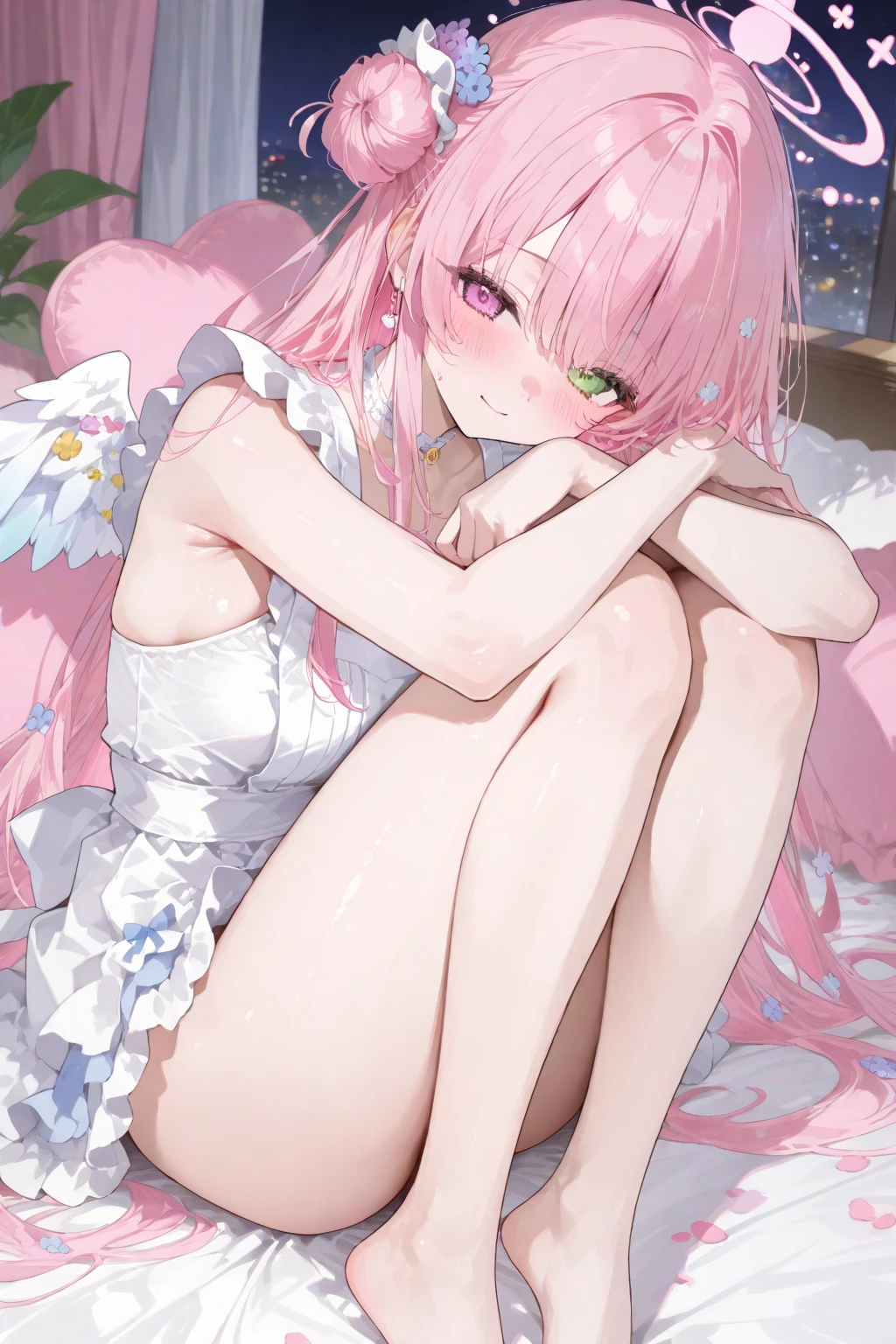 (best quality, highres), blue archive misono mika, completely , uncensored, , detailed , detailed , long flowing hair, , no panties, exposed body, slender figure, anime art style, soft lighting, beautiful color palette, live wallpapers, 8K