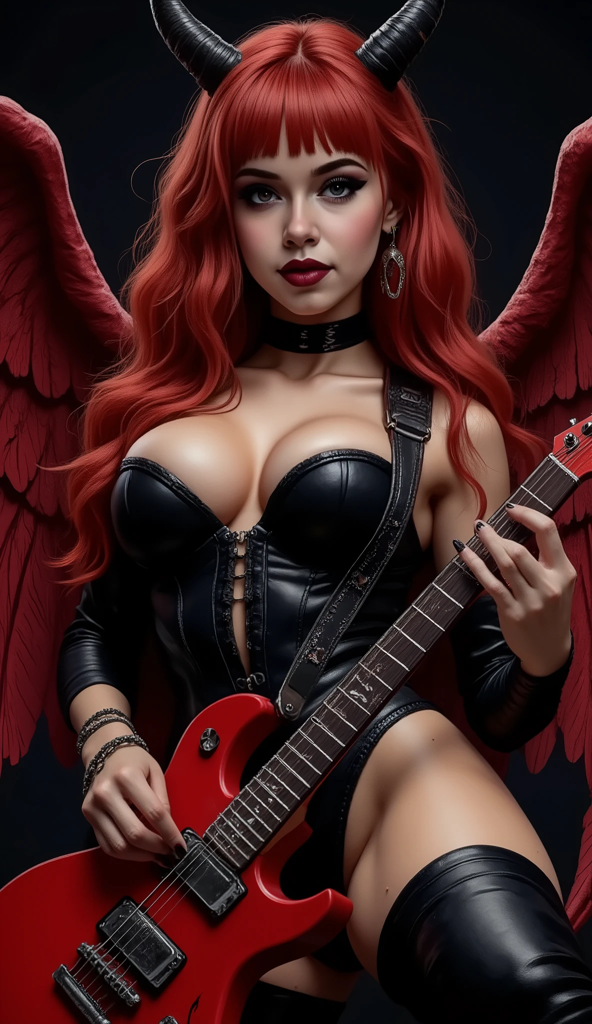 illustration,High resolution, raytracing, 8k, Create a very beautiful girl, full shot of the beautiful demon woman, hellish theme, girl with black and twisted ram horns, she is lilibeth the queen of hell. Wings with black feathers on her back spread as a sign of absolute power. She is playing a wild heavy metal music riff with her red electric guitar, girl with very long curly and disheveled red hair that falls on her huge tits, bangs, layered hair, very tight red and black latex catsuite with metal buckles with chains and very revealing. eyes with very expressive and very detailed and sensual red pupils, long eyelashes, red and fleshy lips, malevolent and evil face. long earrings. Big tight breasts. massive saggy tits, highly detailed skin.colorful gothic tattoos,belt with skull buckle.She looks at the sensual viewer with parted lips smiling enigmatically.malevolent and evil smile.grim and threatening look.she is the most beautiful and perverted demon in hell.playing the electric guitar.The viewer watches the scene from a medium distance and can appreciate lilibeth's sexuality and desire as she plays wildly to the rhythm of metal.wild facial expression.pure black background for wallpaper.high intensity hellish scene.red leather choker with large ring, chains around her neck.piercings in her pointed demon ears and black ram horns.