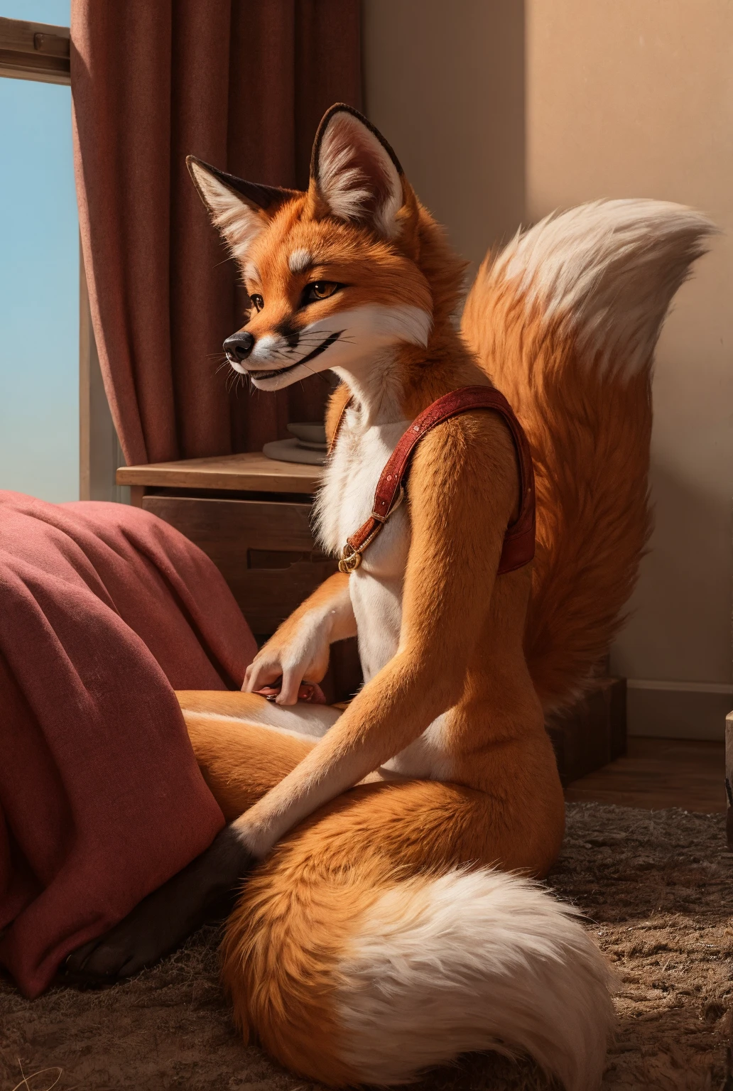 hyperdetailed,photorealistic,cute white boy,cute,black panties,detailed fox face,detailed fox eyes,punk hair,white light brown fur,nude,full-body pose,sitting in a bed,in a bedroom,detailed,masterpiece,professional photograph,raw photo,realistic,