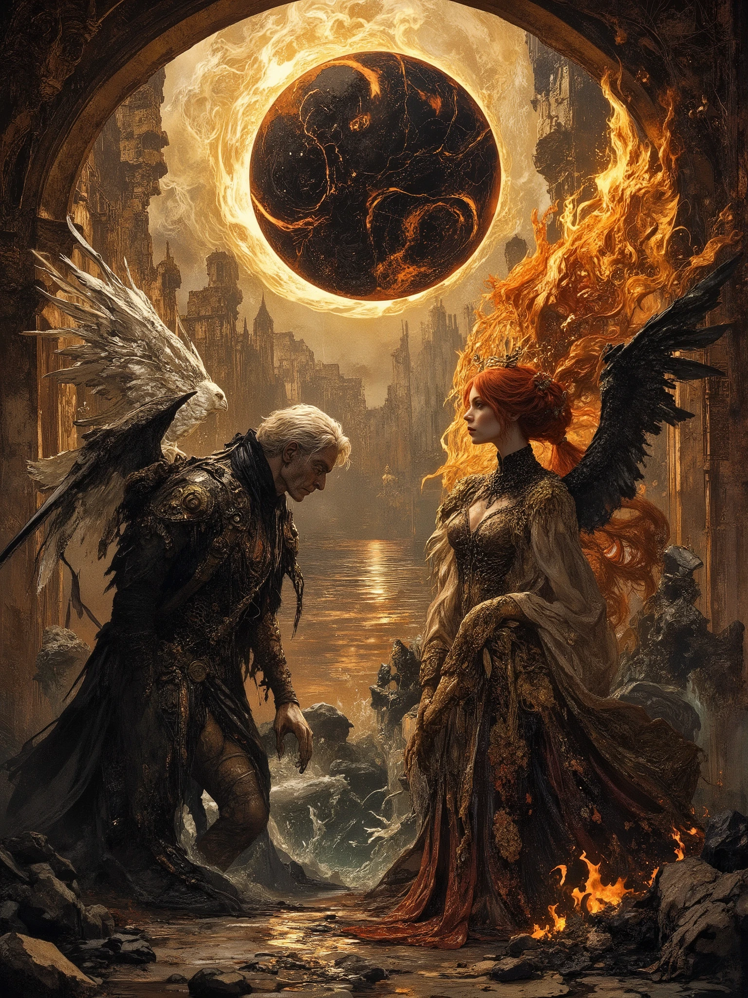 (masterpiece),(Highest quality),(Super detailed),(Ultra-high resolution) , (Best illustrations), 32k, an ancient luxurious temple,dynamic lights, shiny, glitter
Done in a balanced and vivid impressionist style symbolizing harmony of opposites ((and the search for spiritual transcendence through practicing mindfulness of self and psychological clarity, or learning philosophical reason logic and truth, as well as coming to terms with the metaphysical laws of our existence. In a word, wholeness with the true source.))
A captivating portrait shows an angel and a demon in staring at each other and enraptured. On the left appearing 40, a handsome aquiline looking man with short stylish white hair and a wry expression wears a dark, fancy high-collared coat and other expensive but tasteful accoutrements. He has silver and white feathered wings and a faint glowing halo, symbolizing his angelic nature. On the right looking no more than 28 years old, a beautiful pale skinned woman short of stature with long, red hair is seen wearing a roguish grin and dressed in an eclectic blend ((of street, grunge, secondhand and 1st hand designer finery and God only knows, each piece used to highlight her sensual, seductive nature)) that somehow matches in some bizarre way. She has fiery raven wings, with flames rising behind her, figures are facing each other, their intense gazes creating a powerful contrast between light and darkness and a shocking truth, they long to touch one another and their look is full of love. Massive energies whirl around these 2 and an eclipse of the Sun heralds their union with a foreboding air. Done in a balanced and vivid impressionist style symbolizing harmony of opposites ((and the search for spiritual transcendence through practicing mindfulness of self and psychological clarity, or learning philosophical reason logic and truth, as well as coming to terms with the metaphysical laws of our existence. In a word, wholeness with the true source.))