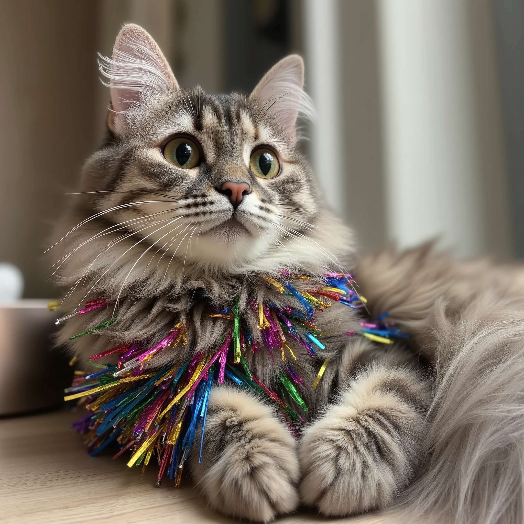 Cute Realistic long-haired gray tabby cat Wrapped In Rainbow Tinsel. Only Half Of Its Body Is Wrapped.