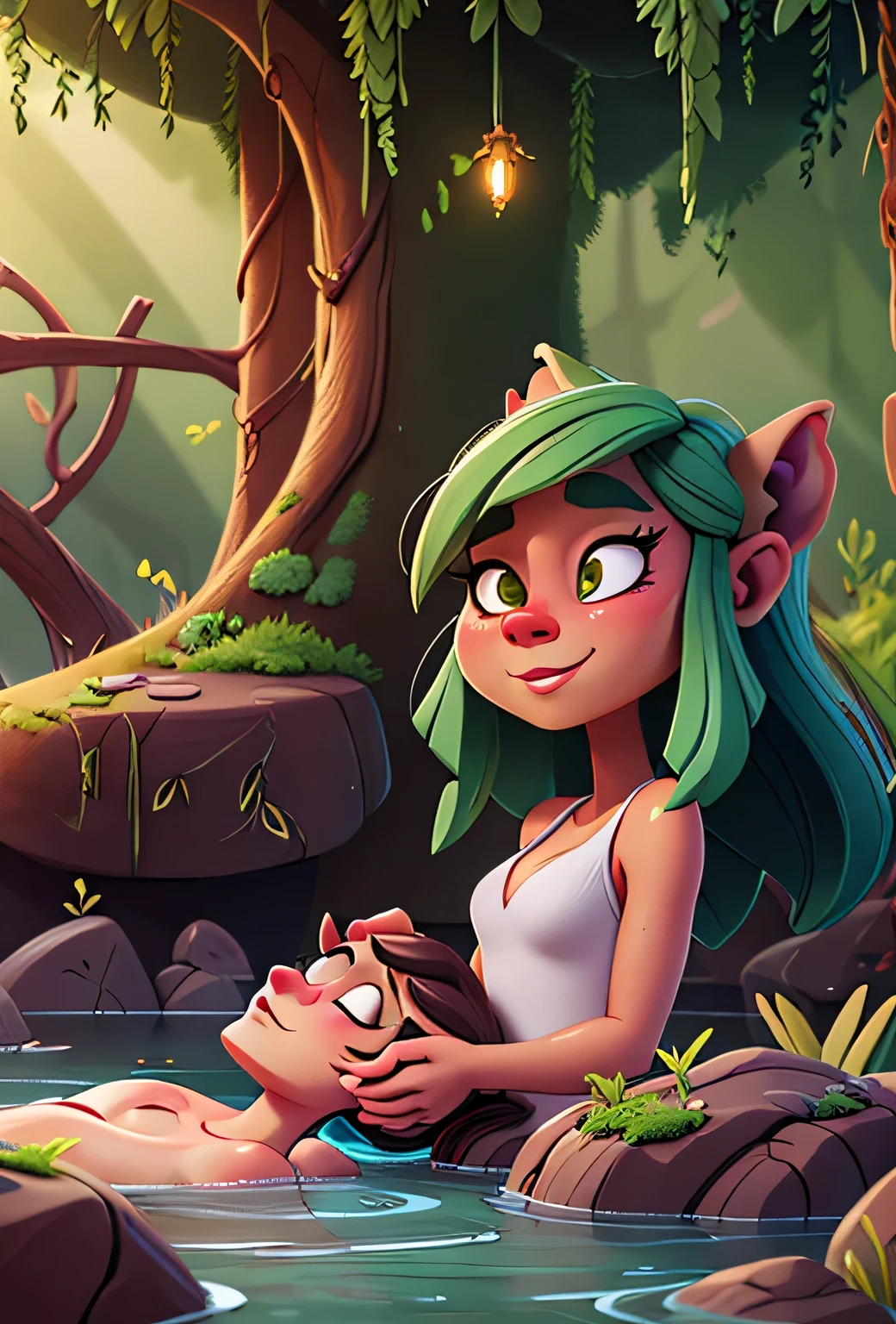 clawed beastwoman masseuse, detailed facial features, relaxed expression, gentle touch, calming massage, natural setting, lush greenery, mossy rocks, tranquil stream, ambient lighting, serene atmosphere, fantasy art, digital painting, 4K, highly detailed, photorealistic, HDR, professional quality