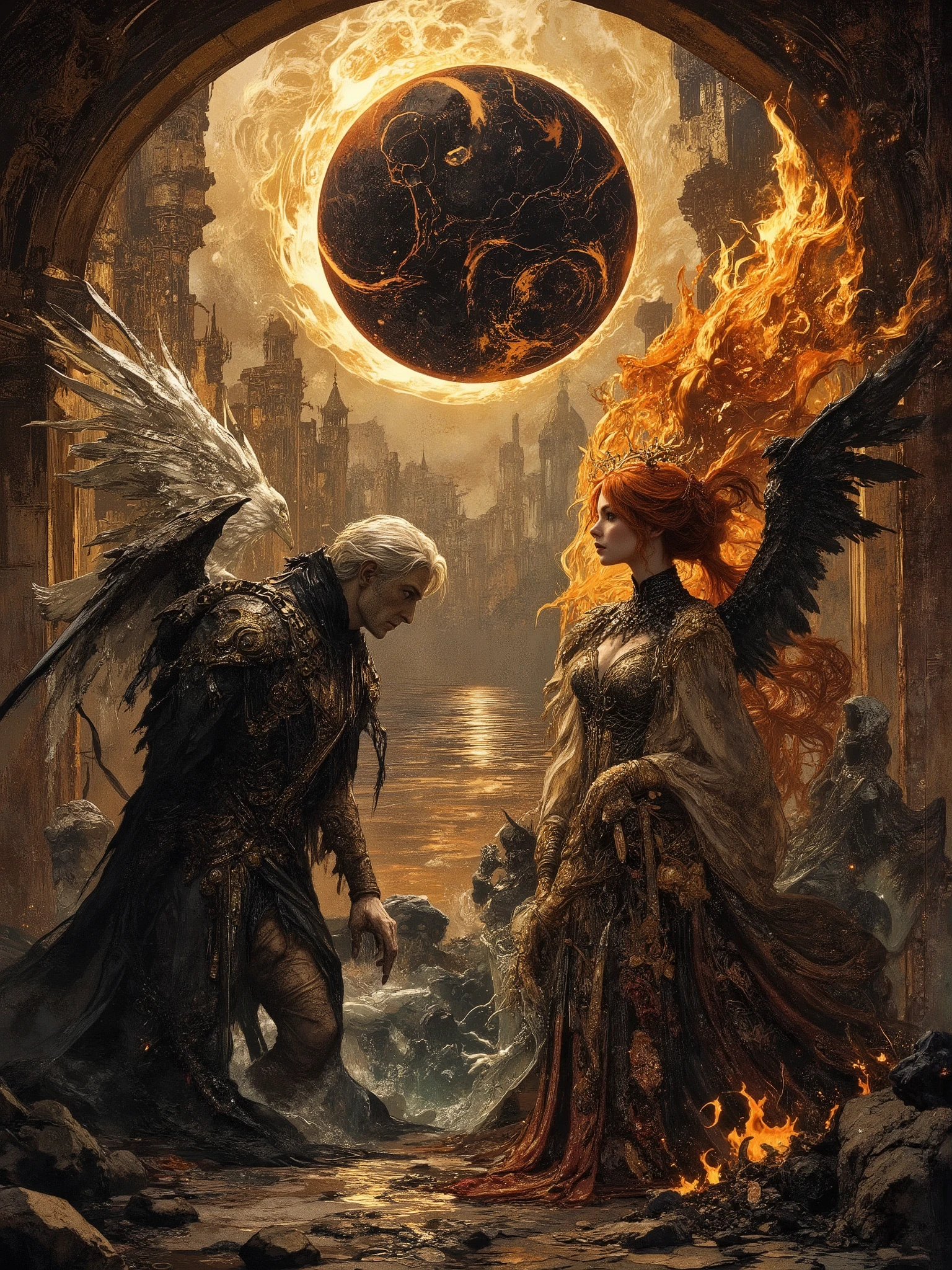 (masterpiece),(Highest quality),(Super detailed),(Ultra-high resolution) , (Best illustrations), 32k, an ancient luxurious temple,dynamic lights, shiny, glitter
Done in a balanced and vivid impressionist style symbolizing harmony of opposites ((and the search for spiritual transcendence through practicing mindfulness of self and psychological clarity, or learning philosophical reason logic and truth, as well as coming to terms with the metaphysical laws of our existence. In a word, wholeness with the true source.))
A captivating portrait shows an angel and a demon in staring at each other and enraptured. On the left appearing 40, a handsome aquiline looking man with short stylish white hair and a wry expression wears a dark, fancy high-collared coat and other expensive but tasteful accoutrements. He has silver and white feathered wings and a faint glowing halo, symbolizing his angelic nature. On the right looking no more than 28 years old, a beautiful pale skinned woman short of stature with long, red hair is seen wearing a roguish grin and dressed in an eclectic blend ((of street, grunge, secondhand and 1st hand designer finery and God only knows, each piece used to highlight her sensual, seductive nature)) that somehow matches in some bizarre way. She has fiery raven wings, with flames rising behind her, figures are facing each other, their intense gazes creating a powerful contrast between light and darkness and a shocking truth, they long to touch one another and their look is full of love. Massive energies whirl around these 2 and an eclipse of the Sun heralds their union with a foreboding air. Done in a balanced and vivid impressionist style symbolizing harmony of opposites ((and the search for spiritual transcendence through practicing mindfulness of self and psychological clarity, or learning philosophical reason logic and truth, as well as coming to terms with the metaphysical laws of our existence. In a word, wholeness with the true source.))