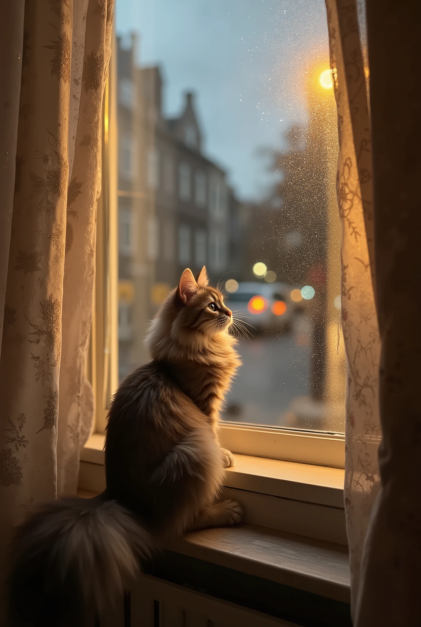 (masterpiece, best quality, ultra detailed, hyperrealistic, 8K), (a fluffy cat sitting on a cozy windowsill, gazing outside with longing eyes, tail curled around its paws, ears slightly perked), (soft evening glow filtering through the window, casting a warm golden hue on the wooden floor and delicate curtains), (raindrops trickling down the glass, blurry city lights or quiet suburban street visible outside, distant car headlights passing by), (a melancholic yet heartwarming atmosphere, anticipation, longing, love, waiting for the beloved owner to return home), (soft film grain, nostalgic cinematic lighting, cozy and emotional storytelling)
