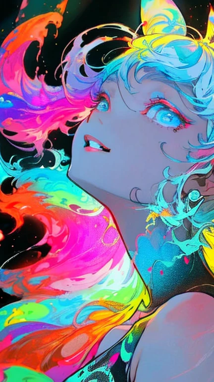 a girl in a tattered vaporwave dress, glitching and surrounded by smoke, with vibrant red eyes, against a simple background, viewed from the side