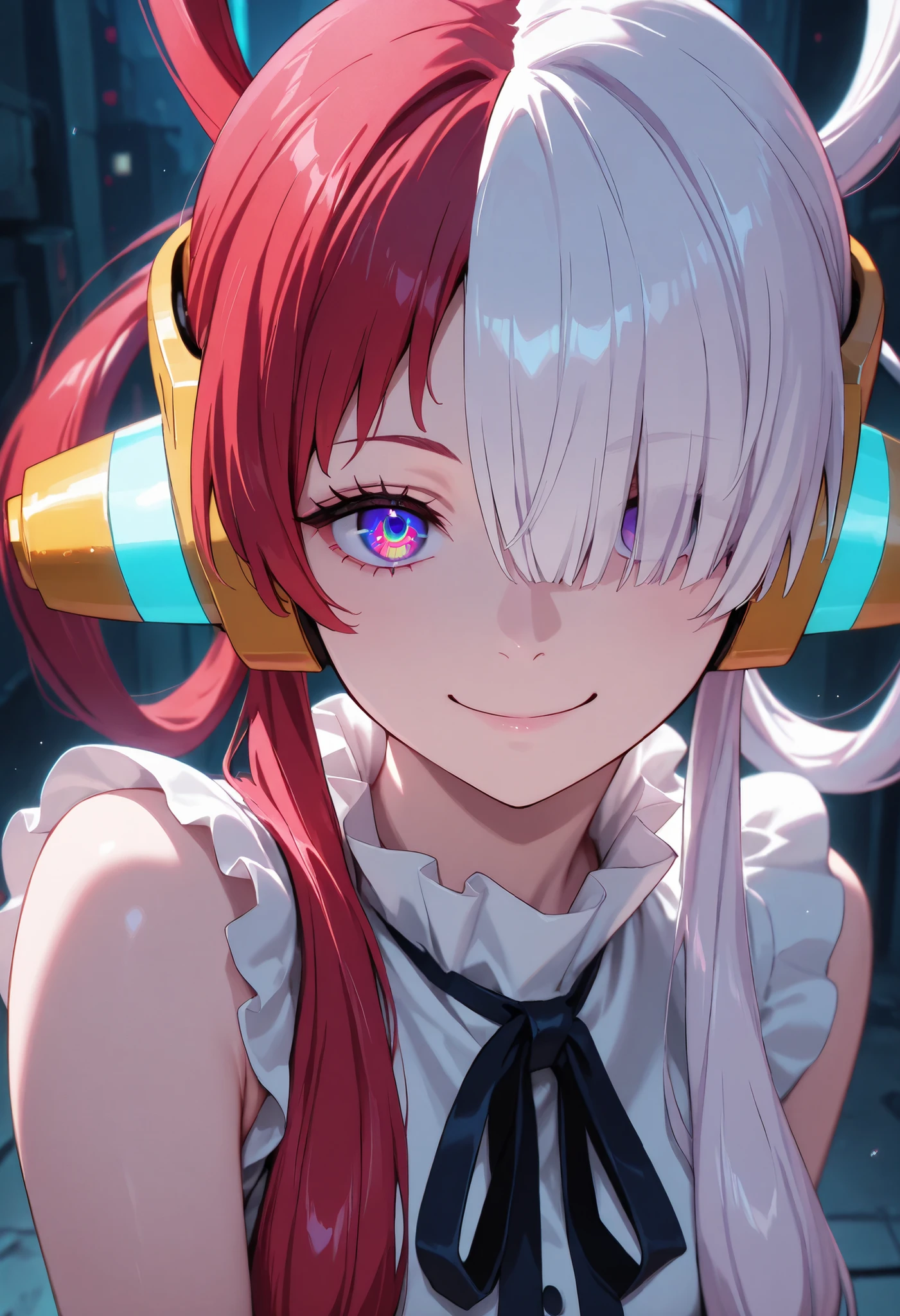 cyberpunk,(masterpiece, detailed:1.2),uta,1girl,solo,headphones,multicolored hair,two-tone hair,white hair,split-color hair,hair rings,long hair,smile,hair over one eye,looking at viewer,ribbon,