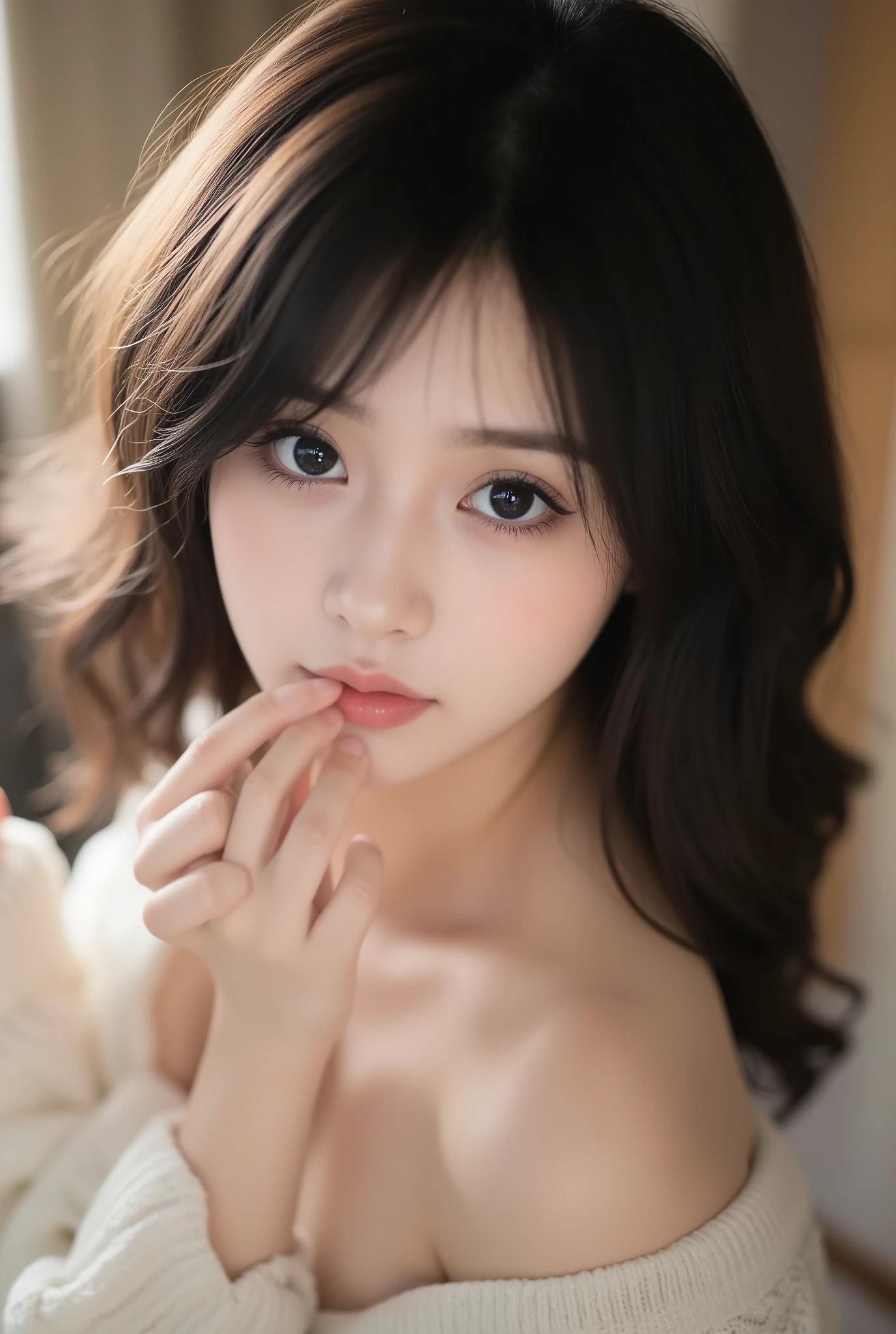 masutepiece, Best Quality, Illustration, Ultra-detailed, finely detail, hight resolution, 8K Wallpaper, Perfect dynamic composition, Beautiful detailed eyes, off shoulder knit ladies'S Fashion,waved hair,small tits、Natural Color Lip, Bold sexy poses,Smile,Harajuku、20 years girl、Cute、Sexy shot looking at camera,Ultra-realistic raw photos