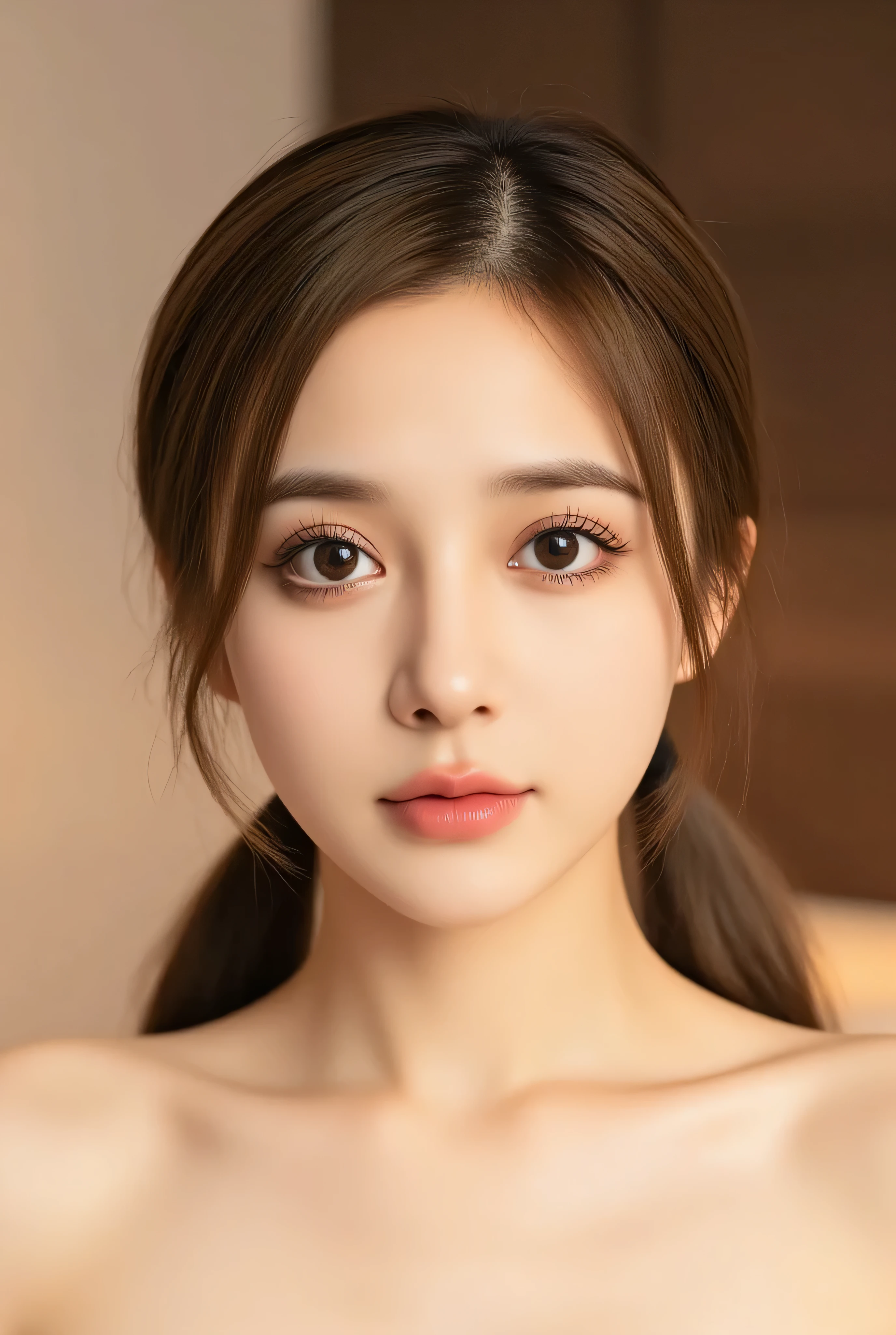 1girl, solo, elegant, portrait photography, perfect face proportions, perfect body proportions, delicate faces, delicate eyes, beautiful lips, extremely delicate eyes and faces, long eyelashes, delicate skin, long black hairstyle, serene expression, soft light, warm tones, fine details, realistic, 8k, best quality, ultra detailed, ultra realistic, masterpiece, best quality, film-grade lighting, dramatic atmosphere, the image should be a front view, with the face centered and fully visible. No glasses are required.