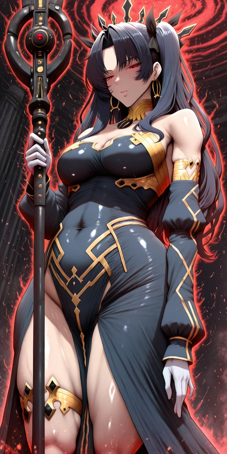 Hgk, (yoshio_(55level)-style:1.2), (imizu_(nitro_unknown)-style:1.4), (packge-style:1.2), (shiroshisu-style:1.3), score_9, score_8_up, score_8, score_7_up, bouqtm, ishtar_(fate), red_eyes, parted bangs, long_hair, jewelry, earrings, black_hair, armlet, crown, two_side_up, small_breasts, hoop_earrings, ribbon, narrowed eyes, plump, shiny skin, anatomical correct, 1girl, solo, gloves, breasts, earrings, jewelry, white_gloves, black_hair, staff, looking_at_viewer, parted_lips, holding, dress, from_below, holding_staff, long_sleeves, puffy_sleeves, covered_navel, black_dress, ((dusty)), ((aura)), Cinematic, looking down, shaded face