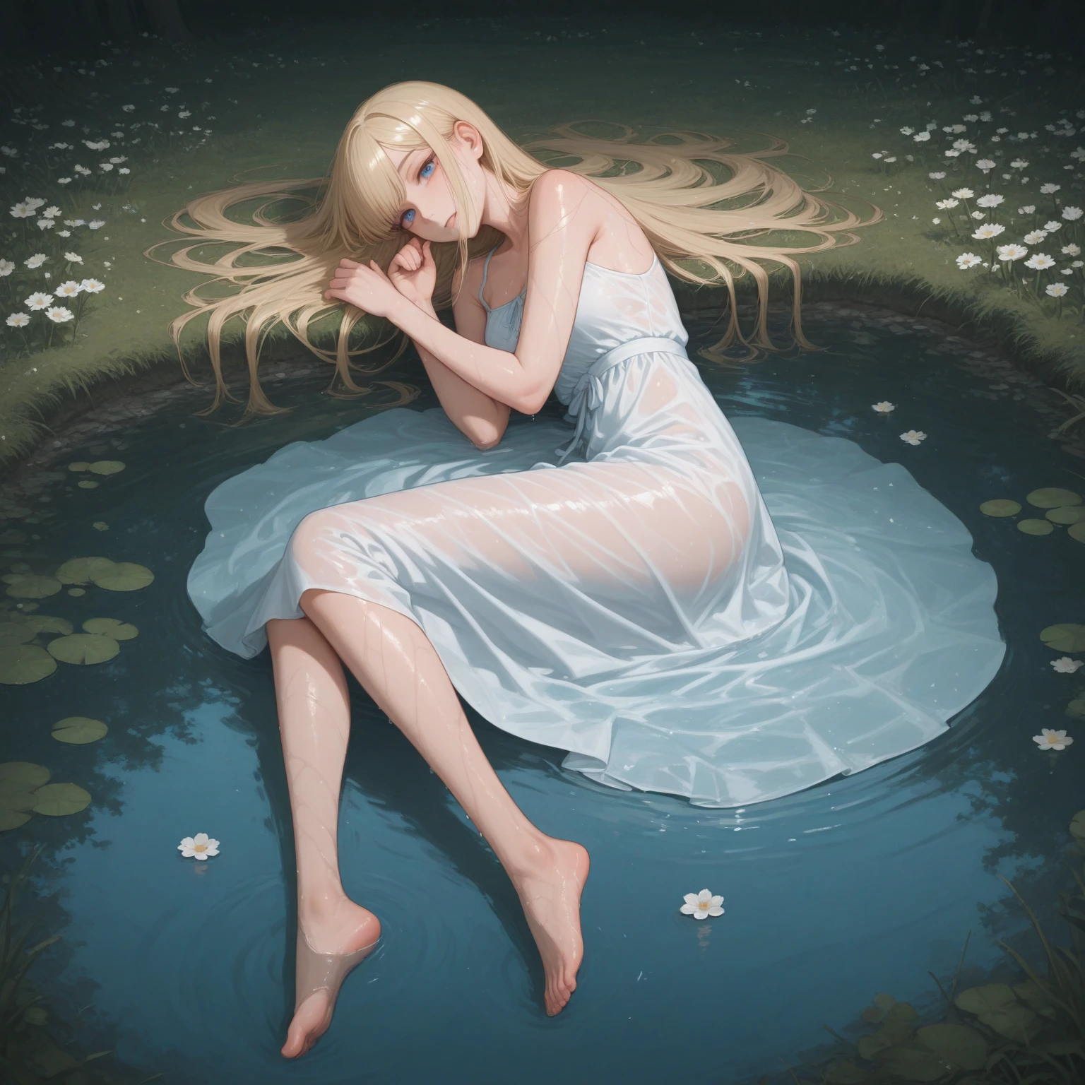 score_9, score_8_up, score_7_up, score_6_up, source_anime, <lora:laser_light_clothes_v0.5-pony:1>
1girl, long hair, 
laser light dress, pelvic curtain, elf, swamp, white hair,
lying, thighs,