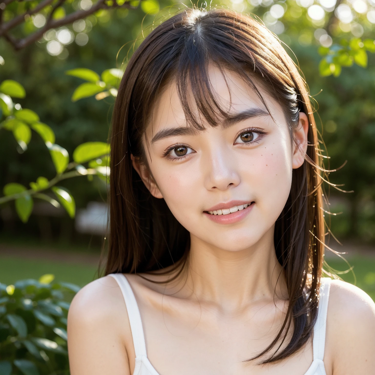 (Best-quality, Masterpiece, Ultra-High-Resolution, (Photorealistic:1.4), Raw Photo,  depth of field, professional lighting, perfect , extremely details), 1girl, 15-years-old, the most famous Japanese idol, ((extremely beautiful and extremely realistic skins):1.3), wearing summer-dress, ((extremely cute and extremely big realistic-eyes), innocent smile