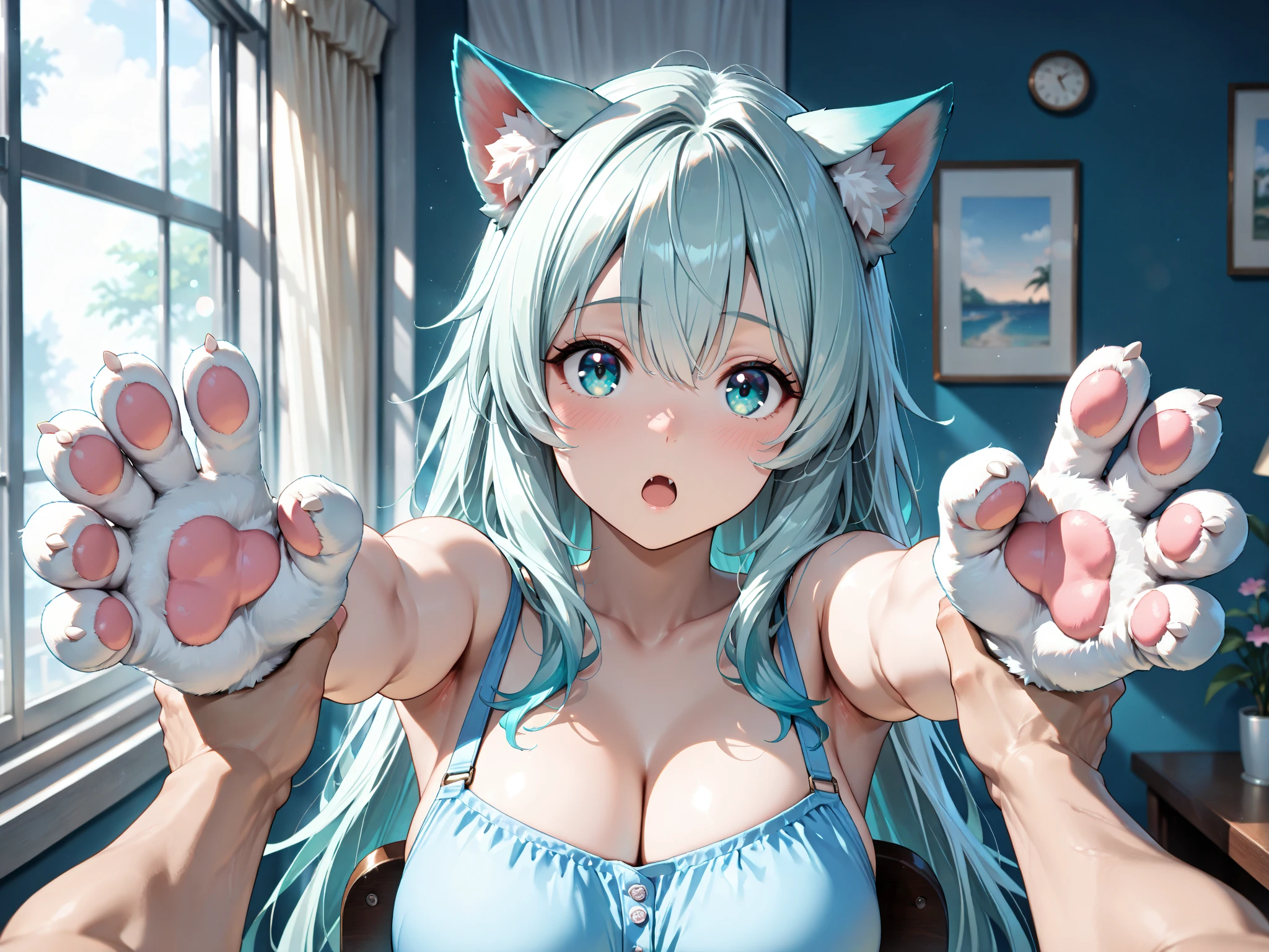 anime art style,masterpiece,best quality,Film grain,
hatsune miku, 1girl, long hair, breasts, blush, smile, open mouth, dress, thighhighs, animal ears, cleavage, twintails, medium breasts, blue hair, tail, closed eyes, ahoge, detached sleeves, choker, solo focus, fang, cat ears, collar, cat tail, bell, aqua hair, pov, jingle bell, neck bell, mini person, minigirl, pov hands, photo background, keyboard (computer), in palm