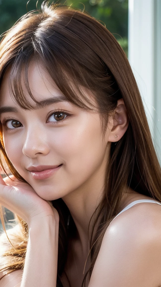 Highest quality、Ultra-high resolution、(Photorealistic:1.4)、1 girl、off-the-shoulder white shirt、(:1.2)、View your viewers、Close-up、Beautiful smile、A happy smile、Cute Smile、Applying lipstick、gorgeous