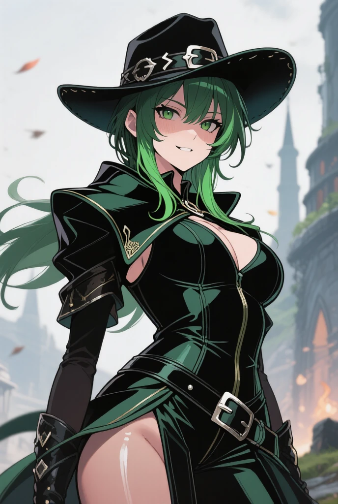 8k_wallpaper, extremely detailed eyes, extremely detailed body, (large masterpiece digital art), (detailed manga illustration), (detailed line art), ((perfect ???????)), (intricate details:1.3), (ultra-detailed:1.3), (illustration:1.3), (sharp focus:1.3), (natural lighting:1.05), (vivid colors:1.3), (masterpiece), (best quality:1.4), (perfect ???????:1.4), high quality, expressive eyes, full body, detailed face, beautiful face, perfect face, 1girl, tan skin, smile, ???????, solo, black hair, ?????????????, curvy, wide ????, long hair, ((green eyes)), grin, collar, dynamic pose, hair over eye, regal outfit, formal,  tiny top hat, (cityscape background),