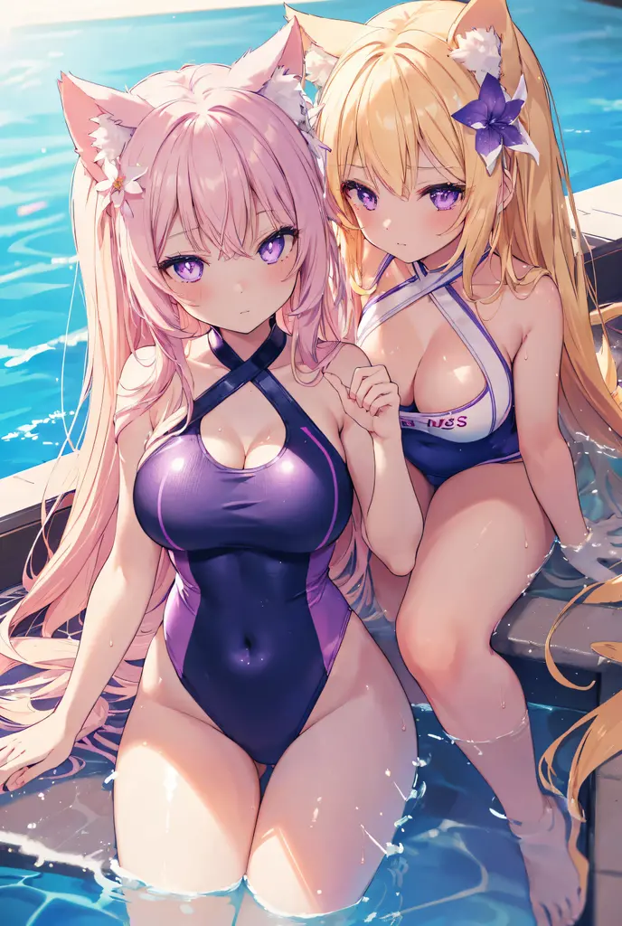 Two girls putting their hands on their chests、Super long hair、The bikini、blonde and pink hair、Create a heart shape with a heart-shaped effect for viewers):1.5、Pool on glittering background