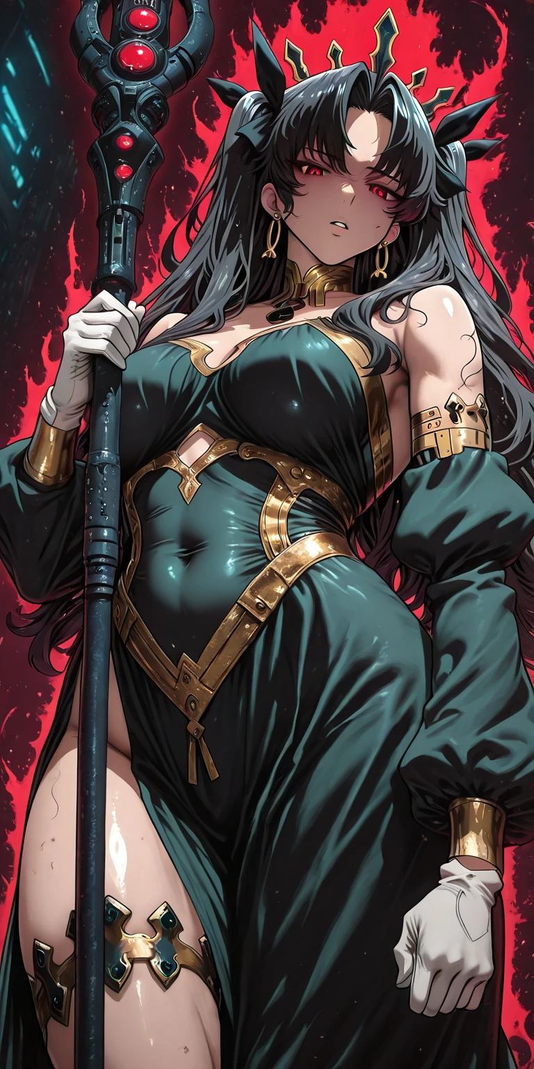 Hgk, (yoshio_(55level)-style:1.4), (imizu_(nitro_unknown)-style:1.4), (packge-style:1.2), (takeuchi_takashi-style:1.2), (osiimi-style) score_9, score_8_up, score_8, score_7_up, bouqtm, ishtar_(fate), red_eyes, parted bangs, long_hair, jewelry, earrings, black_hair, armlet, crown, two_side_up, small_breasts, hoop_earrings, ribbon, narrowed eyes, plump, shiny skin, anatomical correct, 1girl, solo, gloves, breasts, earrings, jewelry, white_gloves, black_hair, staff, looking_at_viewer, parted_lips, holding, dress, from_below, holding_staff, long_sleeves, puffy_sleeves, covered_navel, black_dress, ((dusty)), ((aura)), Cinematic, looking down, shaded face