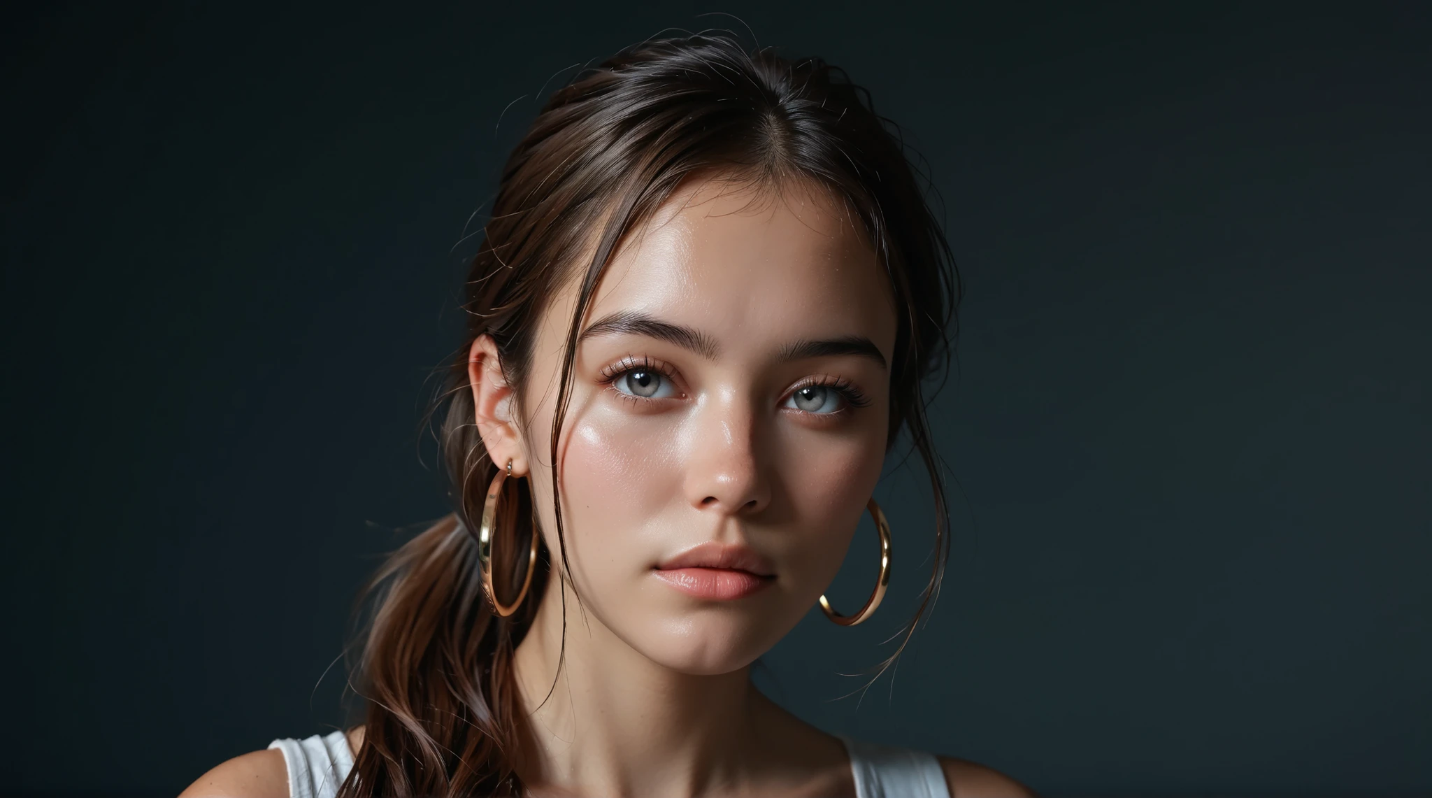 Score_9, Score_8_up, Score_7_up, Score_6_up, Score_5_up, Score_4_up. Ultra sharp and hyper realistic photography, optimal quality, detailed, cinematic lighting, high resolution. Caucasian woman, brunette, gray eyes, high and straight ponytail, gray eyes and bangs, large hoop earrings, Erotic atmosphere. Woman get fuck by 2 africans men, (high detail), (very detailed), (hyper-realistic art style), (photorealistic details), (inspired by fine art photography), (three-quarter view), (medium shot), (highly detailed skin texture with visible pores and natural imperfections), (fine textures and dynamic lighting), (vibrant colors), (distorted anatomy: 1,3), (soft shadows), (white background).