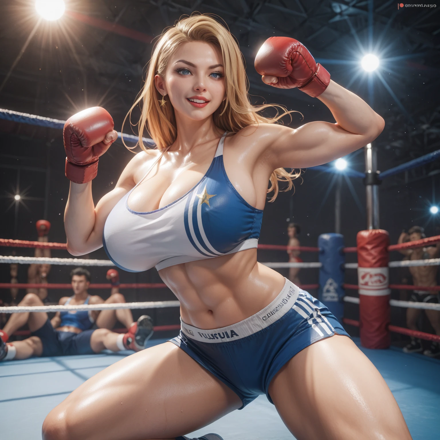 Mma fighter, 20year old woman, detailed beautiful blue eyes, detailed beautiful lips, long eyelashes, revealing fighting outfit, , full body shot, highly detailed, 8k, photorealistic, dramatic lighting, cinematic, fantasy arena, , red shorts, knocked out, photography by Arny Freytag, sweating, , from top angle