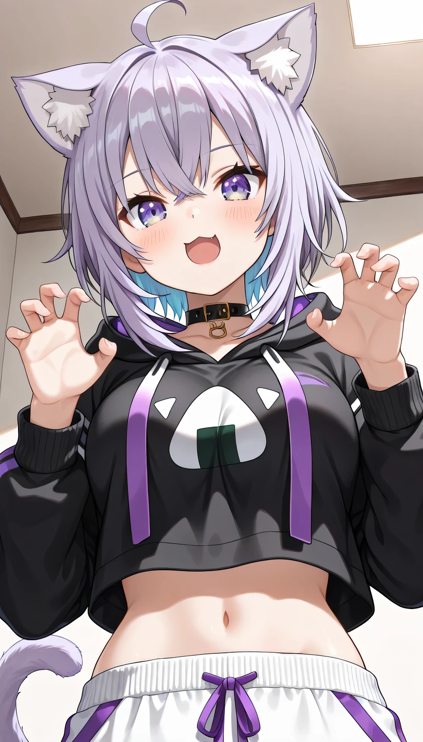 {{{masterpiece}}}, (best quality:1.5), (ultra-detailed:1.5), {illustration}, {{an extremely delicate and beautiful}}, (beautiful detailed eyes:1.6), absurdres, highres, extremely detailed face, 16k, hd, visual anime de uma jovem mulher, extremamente bonito rosto de anime, anime melhor garota, (perfect hands, perfect anatomy), anime face, Nekomata Okayu (Hololive Gamers), 1gril, solo, cute face, cat girl, short hair, purple hair, cat ears, animal ear fluff, ahoge, crossed bangs, sidelocks, (purple eyes:1.3), cat tail, medium breasts, big hips, curvaceous, BREAK, nekomata okayu default, (black hoodie:1.2), (onigiri print:1.1), short hoodie, black collar, black hood, hood down, long sleeves, black sleeves, animal collar, midriff, (white sweatpants:1.2), BREAK, (claw pose:1.3), claw pose, palm, smile, open mouth, cool face, angry, expressionless, looking at viewer, indoor, own room, ceiling, (peer in from below:1.2), (upper body:1.5)