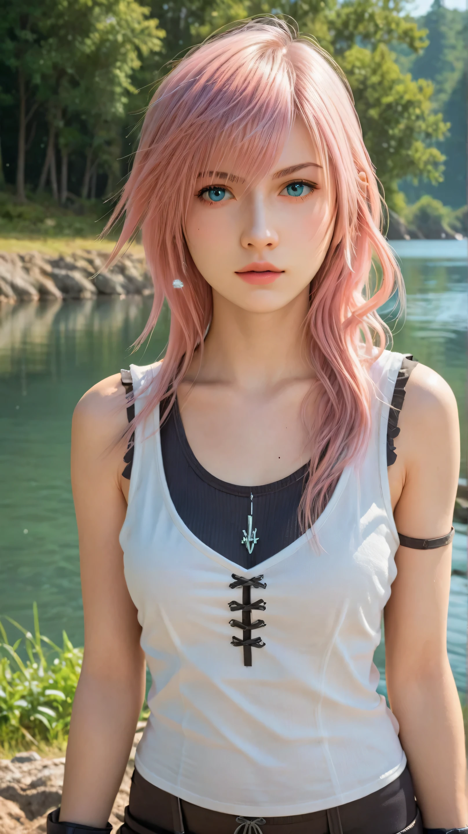 1girl, solo,lightning farron,blue eyes,pink hair,long hair,outdoors,potrait,forest,medium breast,(lake background:1.4),front view,final fantasy outfit, black glove,(close up:1.2),(wear tanktop:1.5),potrait,standing still,bike shorts