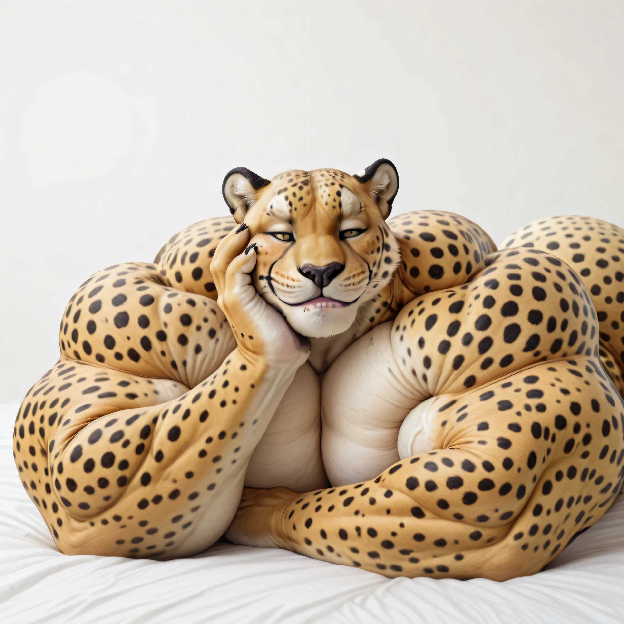 masterpiece, best quality, amazing quality, high quality, photorealistic, furry, 1boy, cheetah, yellow body, huge muscle, , simple background, solo, lying on stomach, front, hand on his own cheek, focus face, close up face, smirk