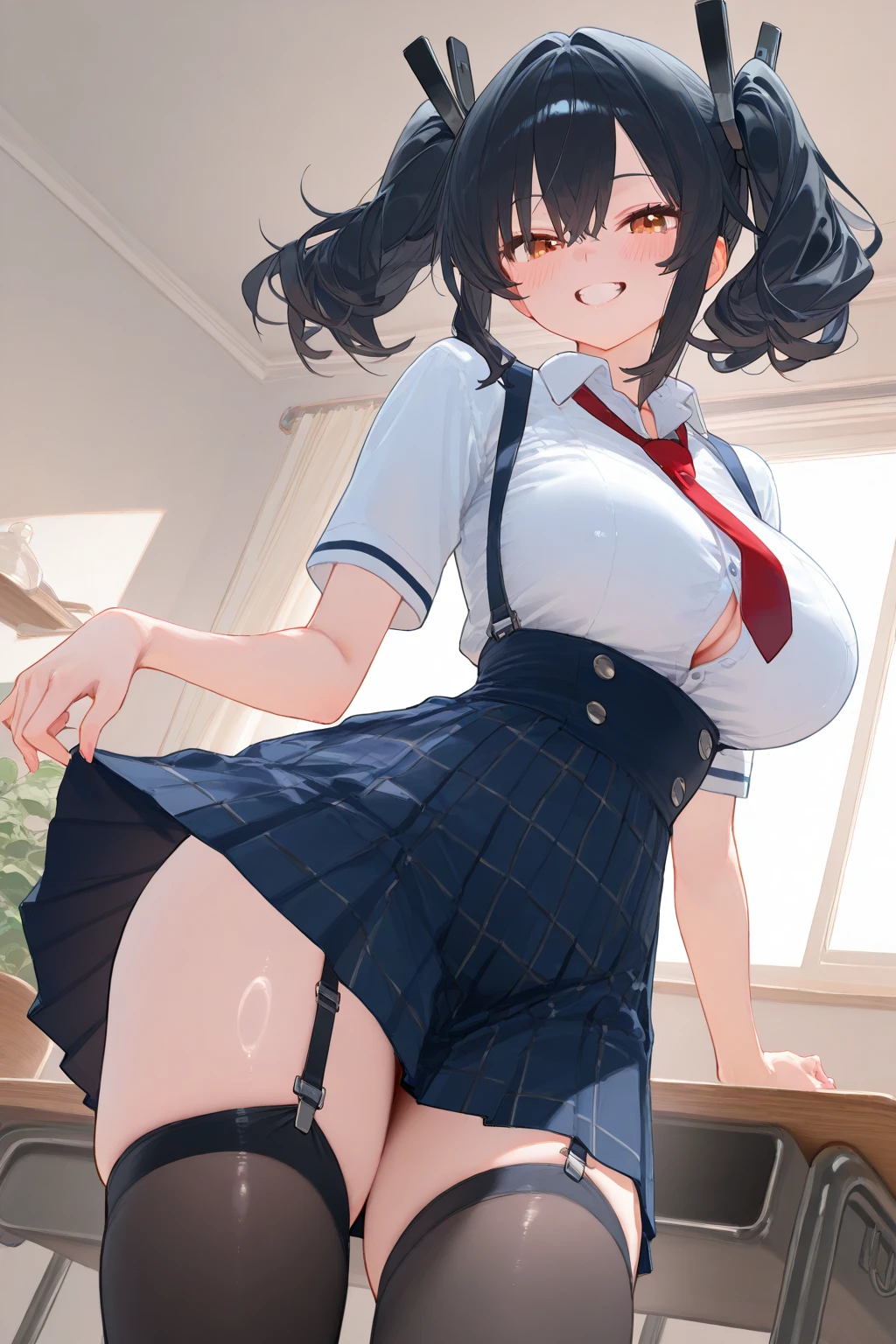 absurdres, Realistic, extremely detailed CG unified 8k wallpaper, Highly detailed, High-definition raw color photos, professional photograpy, Realistic portrait, Cinematic Light, Beautiful detailed, 20 years old woman, bob cut ,blue eyes, (Beautiful :1.5), (diagonal bangs), (realistic skin:1.3), (Best Quality:1.4), Super Detail, High quality, ​master piece, lifelike, (After ),  in , , Perfect face, Silly, (Wearing a white shirt with a large open ), (mini skirt), (red ribbon), ( on ), (:1.3), Delicate Beautiful Hair and Eyes and Face, Delicate eyes, radiant eyes, Lifelike, Hyper-detailing, (colossal :1.8), (( hip)), Beautiful cute woman, Exposed,  on facial, (no panties:1.5),  details, Indoors, (:1.8), , ( shots), (arms behind back), arms are down, Dripping from the , Overflowing from the , (( legs)), thighs, (natural ), ( lower body), (), (:1.3)