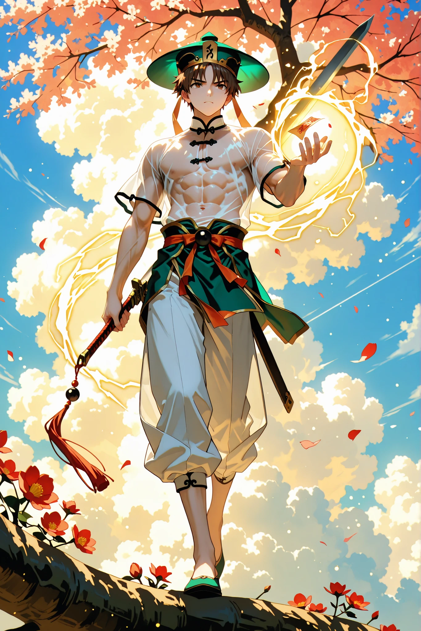 (masterpiece, absurdres, detailed:1.2), anime style, best quality, Ultra High Resolution, intricate detail, medium figure scale,
1boy, RiShaoran, japanese boy, very handsome, perfect face, cute face, clear and beautiful detailed eyes, detailed skin, pale skin,
male focus, solo, brown hair, brown eyes, hat, green headwear, chinese clothes, white see-through shirt, white pants, perfect hand, detailed hand, 5 fingers,
use lightning magic, left hand holding a sword, right hand using a vertical talisman, slim body and muscles, chiseled abdominal muscles, Nice looking eight abs, Excellent body proportions, perfect anatomy, dynamic pose, full body,
outdoor, sky, cloud, flower, tree, cinematic composition, soft lighting, Cinematic Lighting, deep shadows, Bright colors,