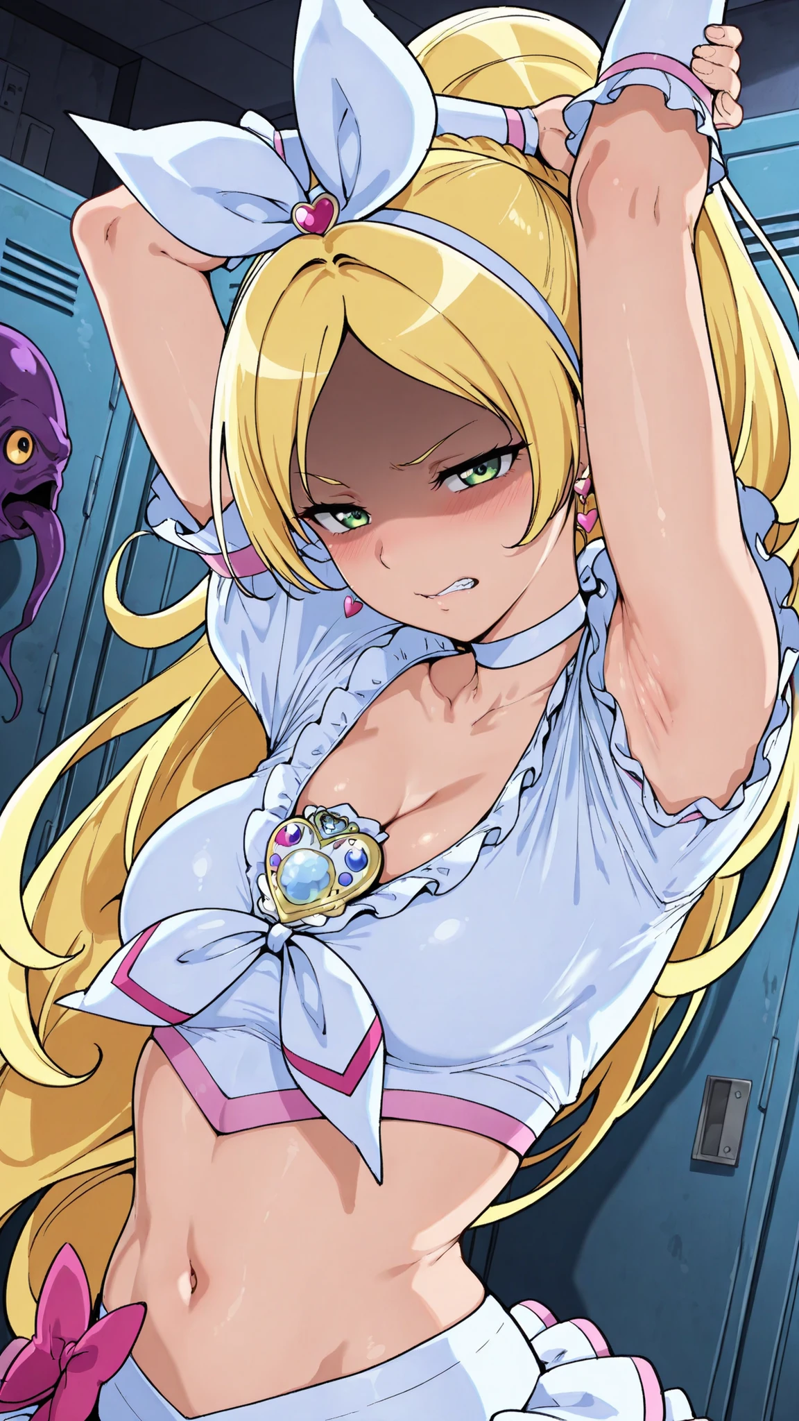 anime painted, Cure Rhythm,green eyes, wide ponytail, sleeveless, brooch, heart earrings, ribbon, arm warmers, Disconnect, belly button, 


,BREAK, armpit, Arms above head, left Arms above head. focus on armpit,
grossed out、 wow 、 gross, shaded face, ,blush,  (Narrowed Eyes:1.2),\(troubled eyes:1.5\), Derogatory , (disappointed:1.1),(clenched teeth), looks down at viewers,  masterpiece,absurd, beautiful detailed face,
BREAK,  masterpiece,absurd, beautiful detailed face,(Mathieu Piece:1.2), Highest Quality, high resolution, unity 8kの壁紙, (illustrations:0.8), (beautiful detailed eyes:1.6), very detailed faces, perfect lighting, very detailed CG, (perfect hands, Perfect Anatomy)
,BREAK,Alp,

,watching viewers, Show viewers dazzling,
side of the sky,show armpit from short sleeves,

((Mathieu Piece,high resolution)), Mathieu Piece, Highest Quality, , absurd, perfect skin, detailed skin texture dealing with male genitals, super precise, 8k, complicated details, beautiful detailed face,high resolution, 1girl ,from the front,

Indoor,locker room