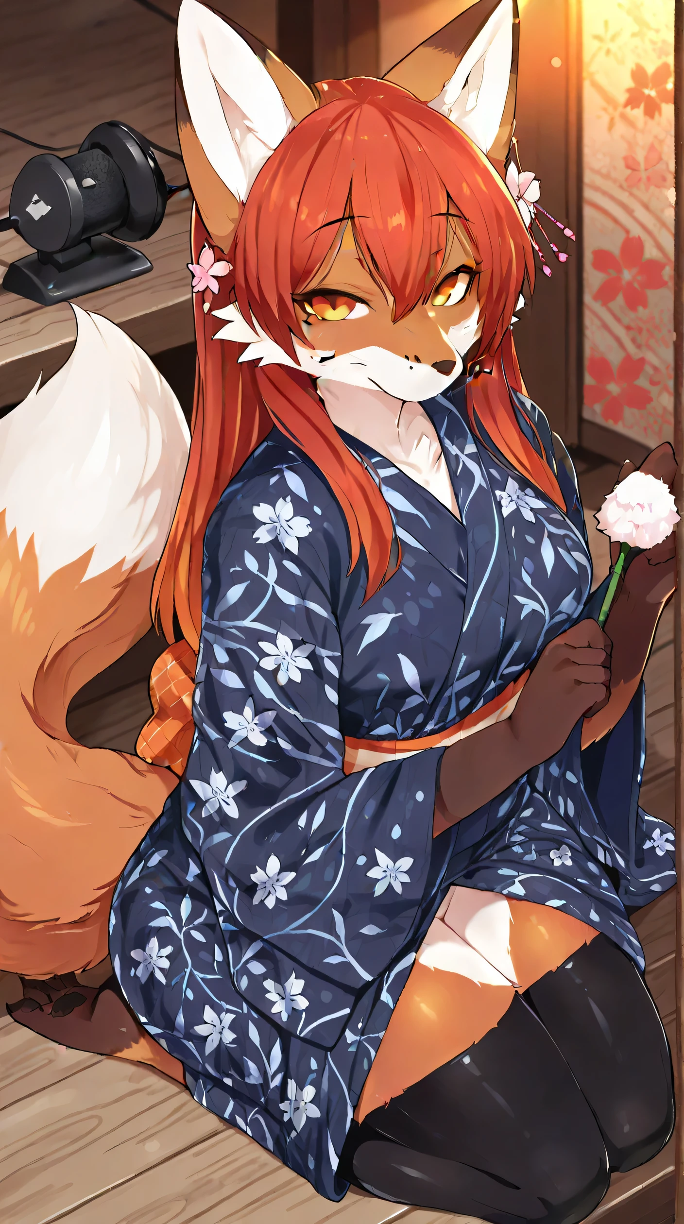 Finely detailed, best quality, female anthro red fox with vibrant orange and white fur patterns, elongated vulpine snout with whiskers, expressive amber eyes making direct contact with viewer, large pointed ears with black tips, flowing auburn hair with traditional ornaments, wearing a navy blue kimono/yukata with cherry blossom patterns on it, black thigh highs, full body, digitigrade, on knees, from above view, holding a specialized ASMR ear cleaning tool, seated in a modern Japanese-inspired relaxation room with ambient lighting, shoji screens, relaxing water feature in background, long fluffy tail with white tip visible resting beside her, intimate ASMR setting with binaural microphone visible