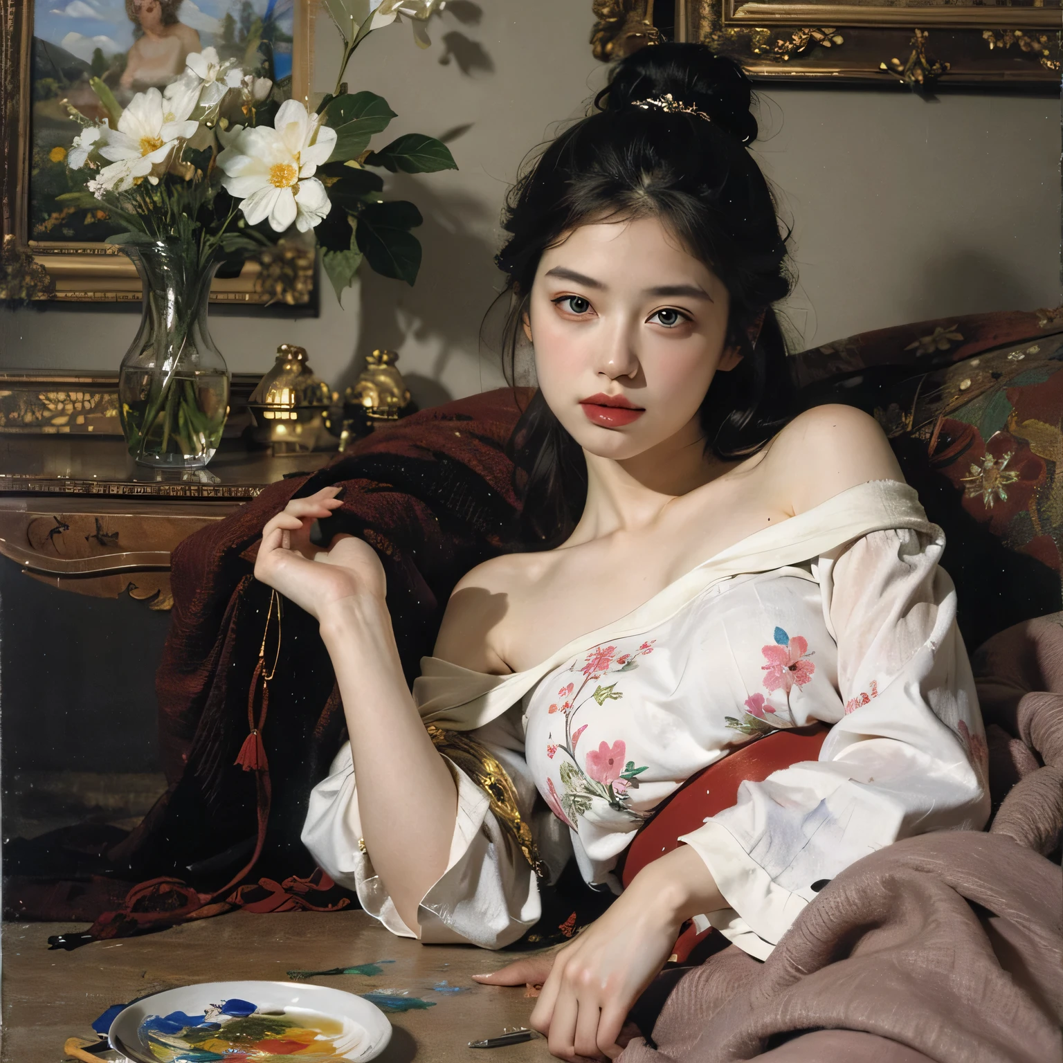 (oil painting:1.5), \\ a woman with (long curtly hair ), ((green eyes)) is lie on the ground in veil, peony, (amy sol:0.248), yellow, with skirt, (stanley artgerm lau:0.106), (a detailed painting:0.353), (gothic art:0.106)
