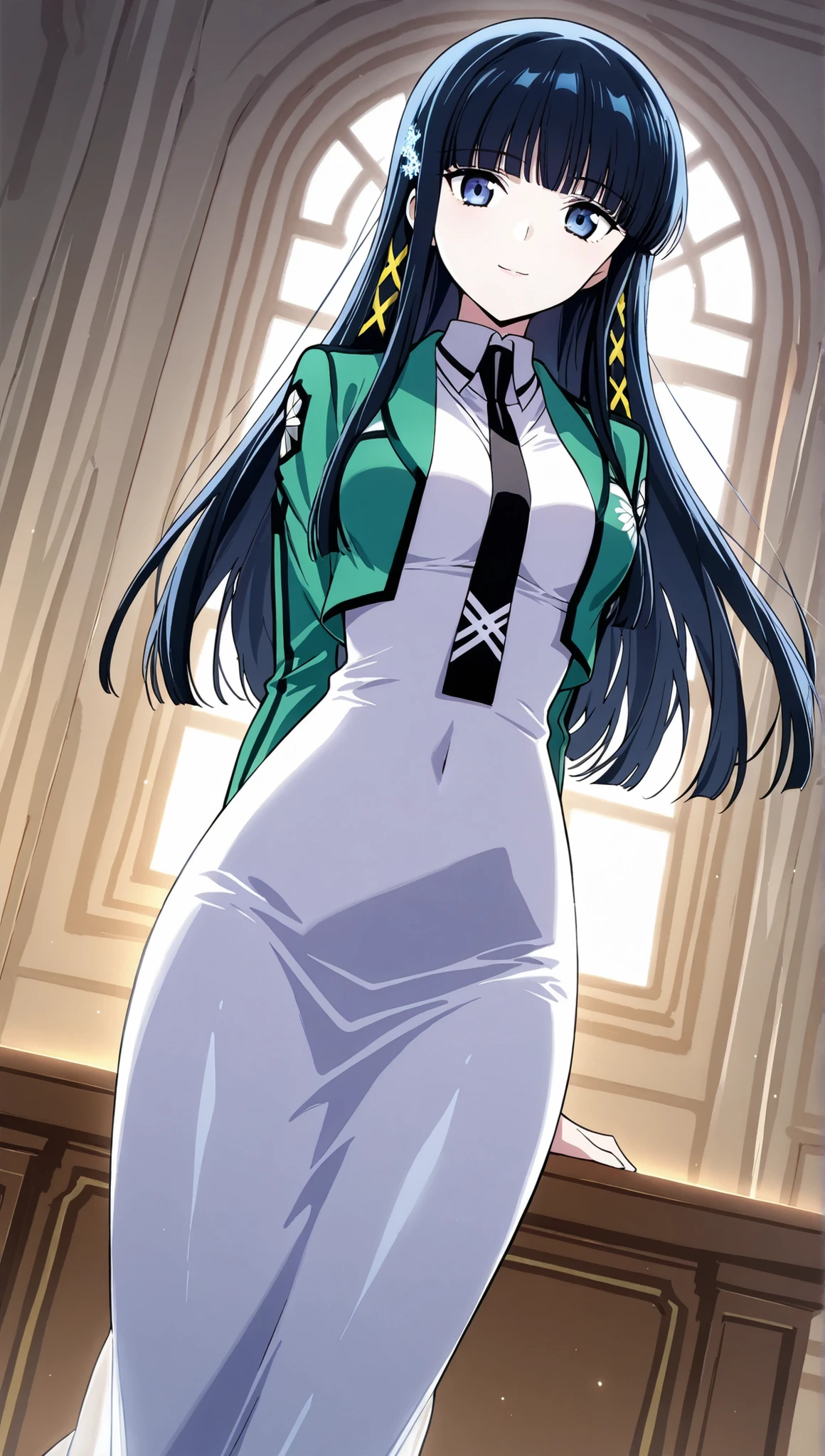 [[Miyuki 250219]],1 woman, Beauty, Shiny Lips,Rouge,fine eye,dynamic angle,

Shiba Miyuki, dark haired,long hair, snap bangs, eyebrows visible through hair, blue eyes, Snowflake Hair Ornament, yellow x hair ornament,Mahawka uniform, cropped jacket, green jacket, long sleeves, (white dress, mini dress), Mermaid Dress, black tie,(BIG BREASTS:0.8),Smile,

upper body,cowboy shot,

 (very detailed CG,masterpiece, high resolution icons,absurd,4K),
