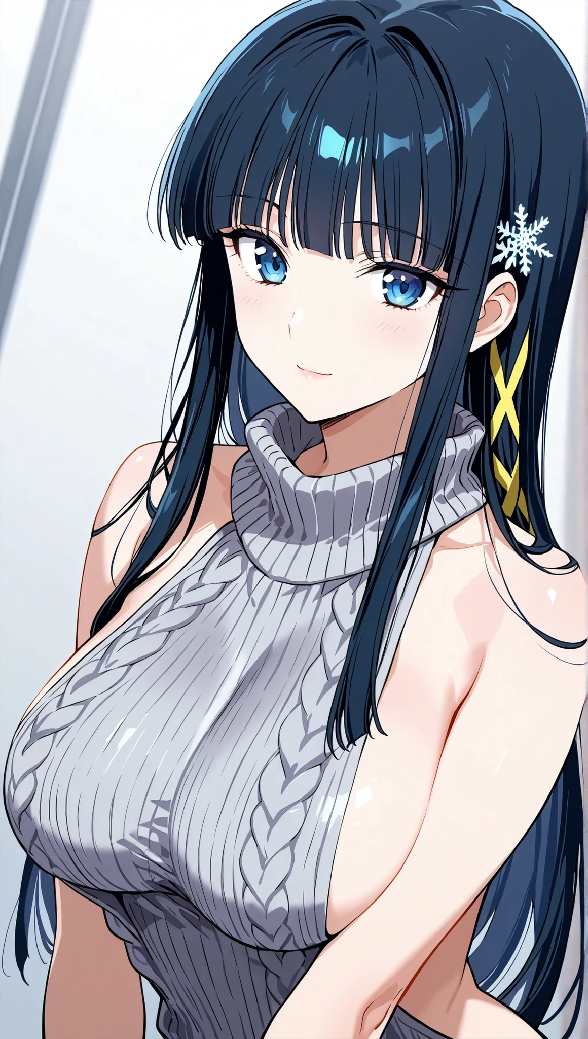 [[miyuki250219]],1lady, beauty, glossy lips,Rouge,detail eyes,dynamic angle,

shiba miyuki, black hair,long hair, blunt bangs, eyebrows visible through hair, blue eyes, snowflake hair ornament, yellow x hair ornament,,virgin killer sweater ,(large breasts:0.8),light smile,

upper body,

 (extremely detailed CG,masterpiece, highres icon,absurdres,4K),
