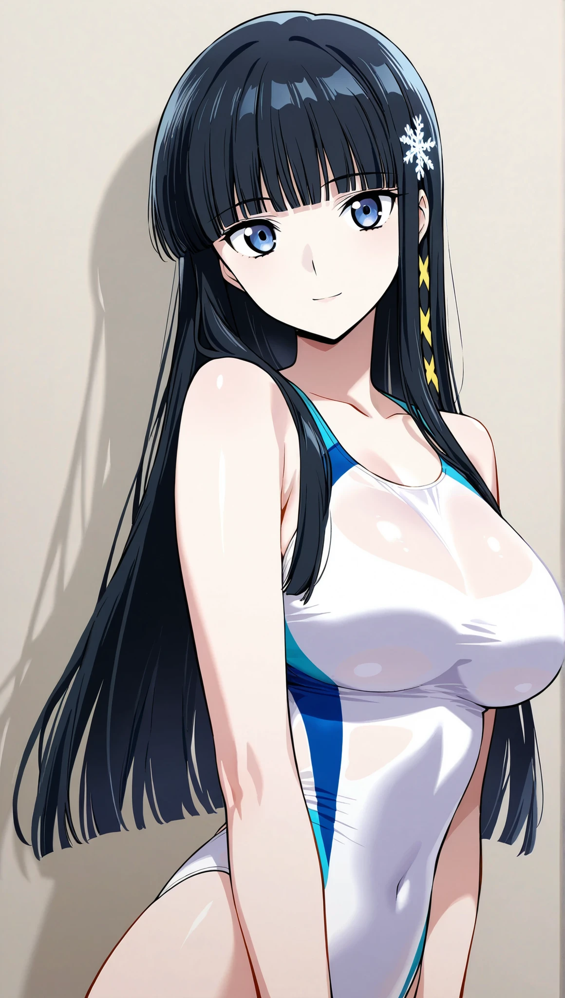 one-piece swimsuit,[[miyuki250219]],1lady, beauty, glossy lips,Rouge,detail eyes,dynamic angle,(更衣室:1.3)

shiba miyuki, black hair,long hair, blunt bangs, eyebrows visible through hair, blue eyes, snowflake hair ornament, yellow x hair ornament,mahouka school swim suit, , ,(large breasts:0.8),light smile,

upper body,

 (extremely detailed CG,masterpiece, highres icon,absurdres,4K),
