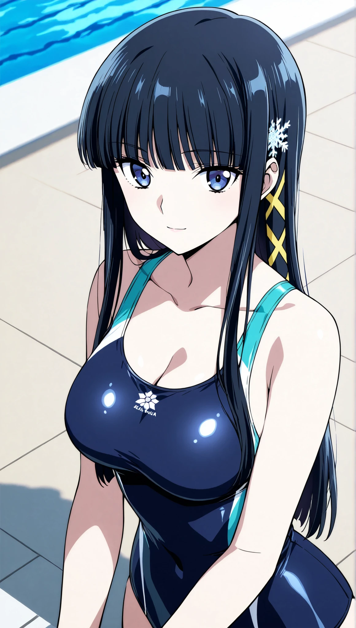 [[miyuki250219]],1lady, beauty, glossy lips,Rouge,detail eyes,dynamic angle,(poolside:1.3)

shiba miyuki, black hair,long hair, blunt bangs, eyebrows visible through hair, blue eyes, snowflake hair ornament, yellow x hair ornament,mahouka school swim suit, , ,(large breasts:0.8),light smile,

upper body,Archerjeanne2nd,one-piece swimsuit,

 (extremely detailed CG,masterpiece, highres icon,absurdres,4K),
