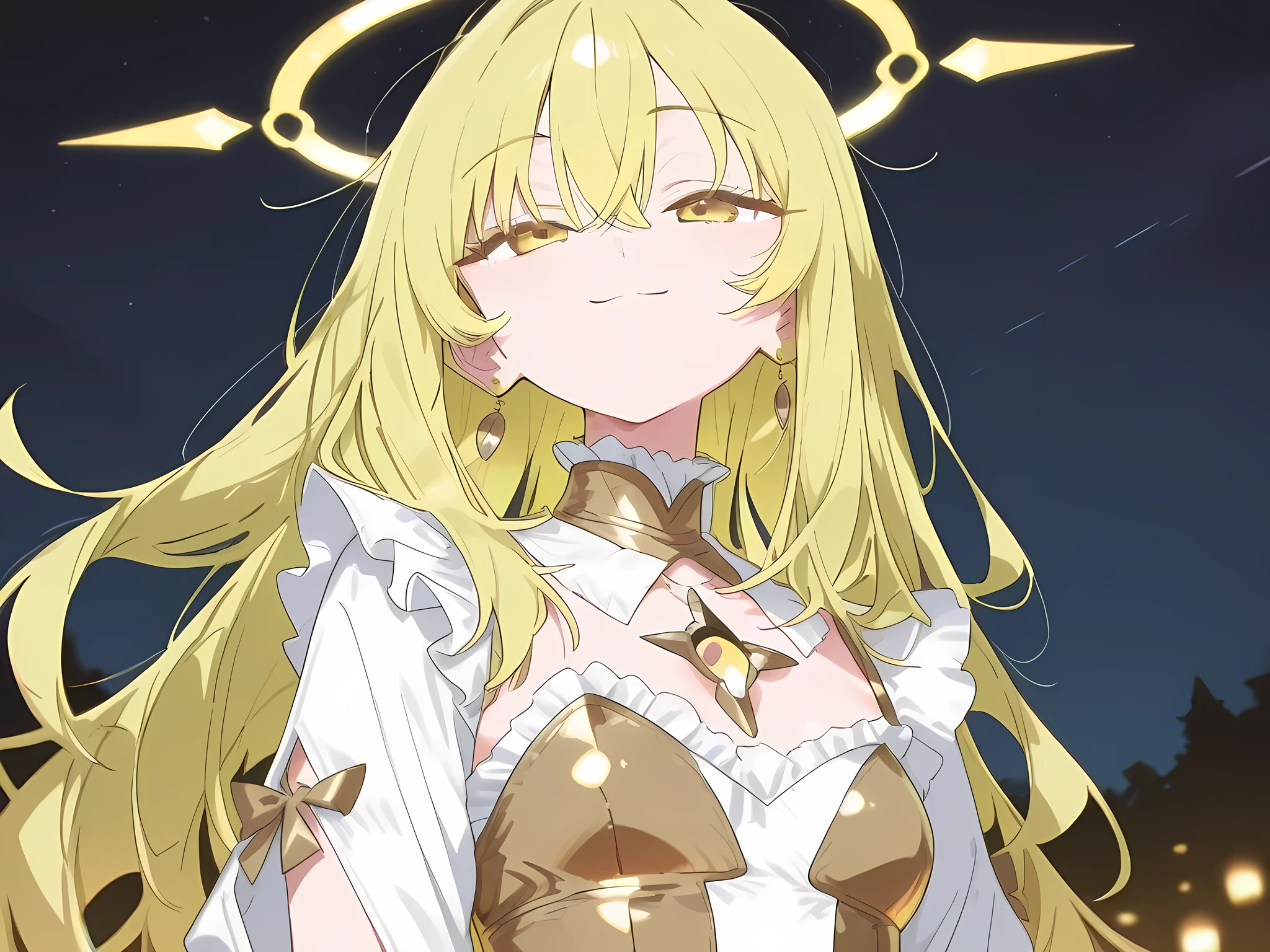 Anime girl with long straight and messy hair, Soft grow yellow hair color, grow yellow eyes color with white sparking, Wearing long white and gold fantacy clothes with necklack, serius face, not smile, half-body scale picture, night tone picture