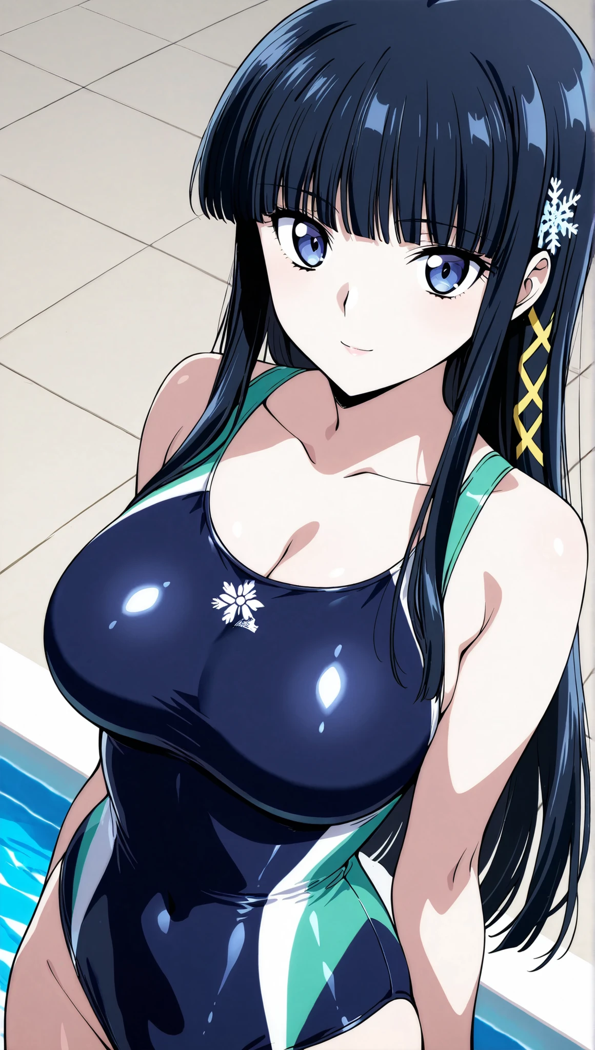 [[miyuki250219]],1lady, beauty, glossy lips,Rouge,detail eyes,dynamic angle,(poolside:1.3)

shiba miyuki, black hair,long hair, blunt bangs, eyebrows visible through hair, blue eyes, snowflake hair ornament, yellow x hair ornament,mahouka school swim suit, , ,(large breasts:0.8),light smile,

upper body,Archerjeanne2nd,one-piece swimsuit,

 (extremely detailed CG,masterpiece, highres icon,absurdres,4K),
