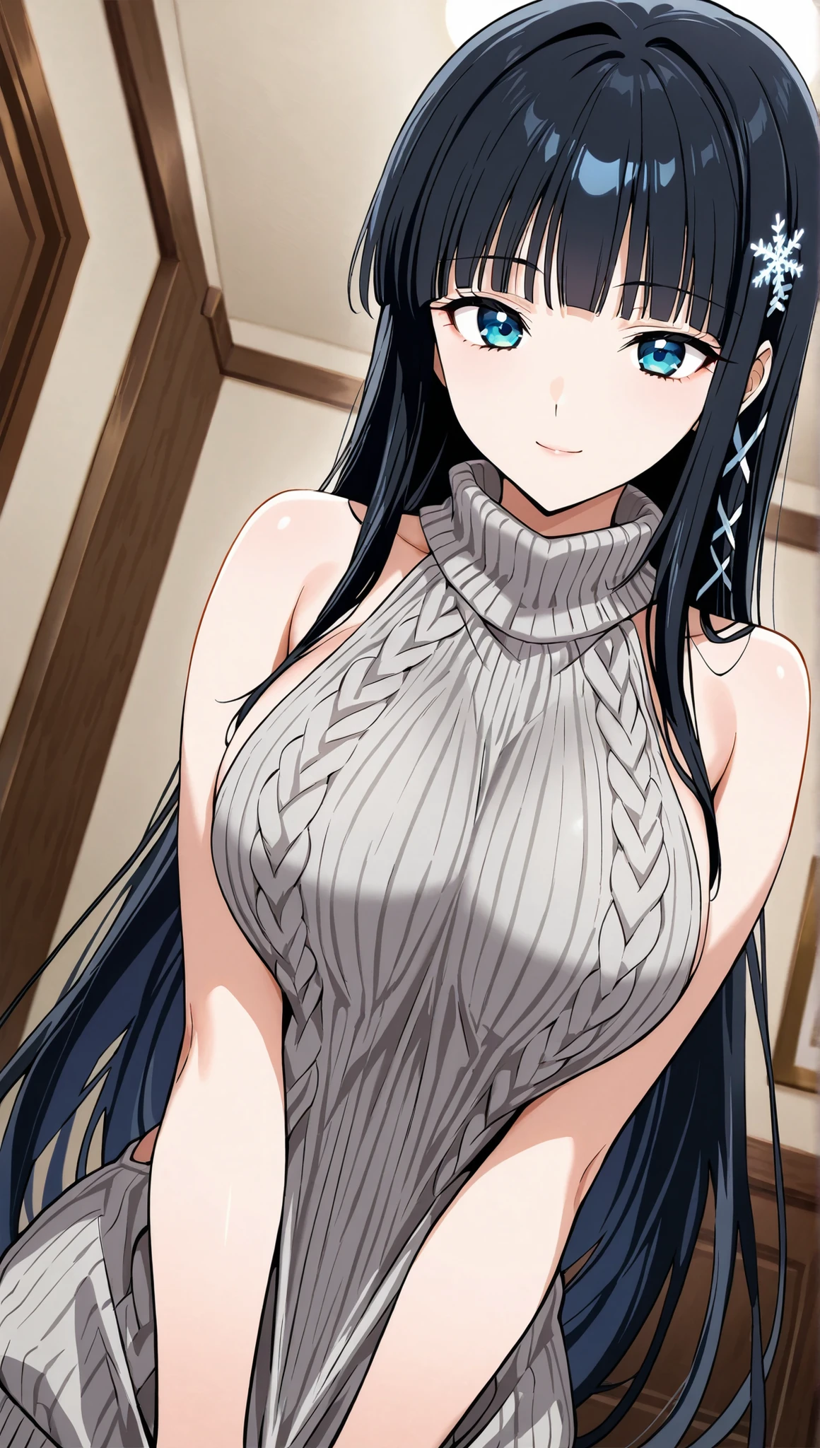 [[miyuki250219]],1lady, beauty, glossy lips,Rouge,detail eyes,dynamic angle,(更衣室:1.3)

shiba miyuki, black hair,long hair, blunt bangs, eyebrows visible through hair, blue eyes, snowflake hair ornament, yellow x hair ornament,,virgin killer sweater ,(large breasts:0.8),light smile,

upper body,from below,shirt tug,

 (extremely detailed CG,masterpiece, highres icon,absurdres,4K),
