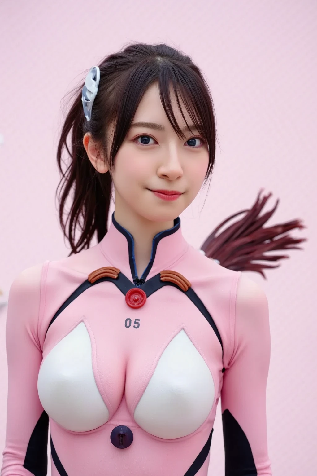 A pretty girl with perfect figure,(Lori,14years,150cm), (Lori,One-piece swimsuit with flashy pattern), Very small breasts,bangss,Stand in the ring of professional wrestling,extremely detailed face and skin, Detailed eyes, Double eyelids,Pose with hands on hips,long wrestling boots,shairband,Lace gloves,Less muscle,skinny thigh,Nogizaka46,Grinning smile,video from above