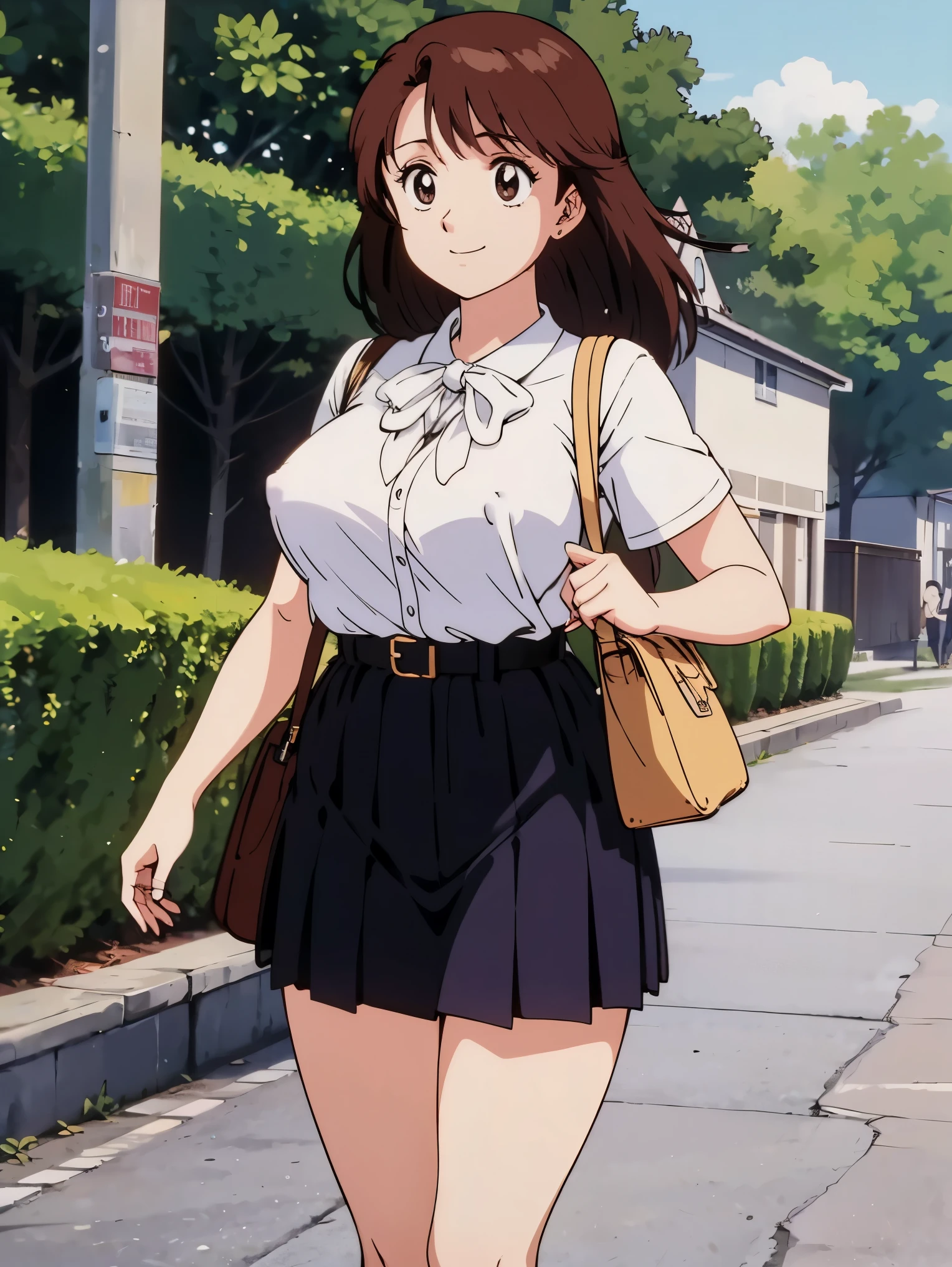 anime style)、(facial Beauty:1.4)、( Beauty、big boobs、beautiful breasts、erectile nipples)、colorful、 clean skin、(masterpiece:1.5)、(high resolution)、(Highest Quality)、(超high resolution)、 BREAK、full body、 standing、 Ring on left ring finger 、necklaces、 My hair、semi-long hair、Kurita Yuko、 BREAK、 BREAK、white pleated skirt、miniskirt、 attractive thighs、white soft short sleeve blouse with red bow tie、 WHITE RIBBON、skirt belt、 shoulder bag、 BREAK、smile、 outdoor nature-rich park 、