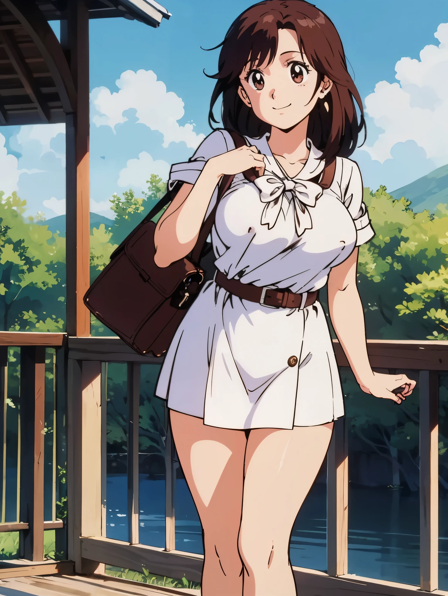 anime style)、(facial Beauty:1.4)、( Beauty、big boobs、beautiful breasts、erectile nipples)、colorful、 clean skin、(masterpiece:1.5)、(high resolution)、(Highest Quality)、(超high resolution)、 BREAK、full body、 standing、 Ring on left ring finger 、necklaces、 My hair、semi-long hair、Kurita Yuko、 BREAK、 BREAK、white pleated skirt、miniskirt、 attractive thighs、white soft short sleeve blouse with red bow tie、 WHITE RIBBON、skirt belt、 shoulder bag、 BREAK、smile、 outdoor nature-rich park 、