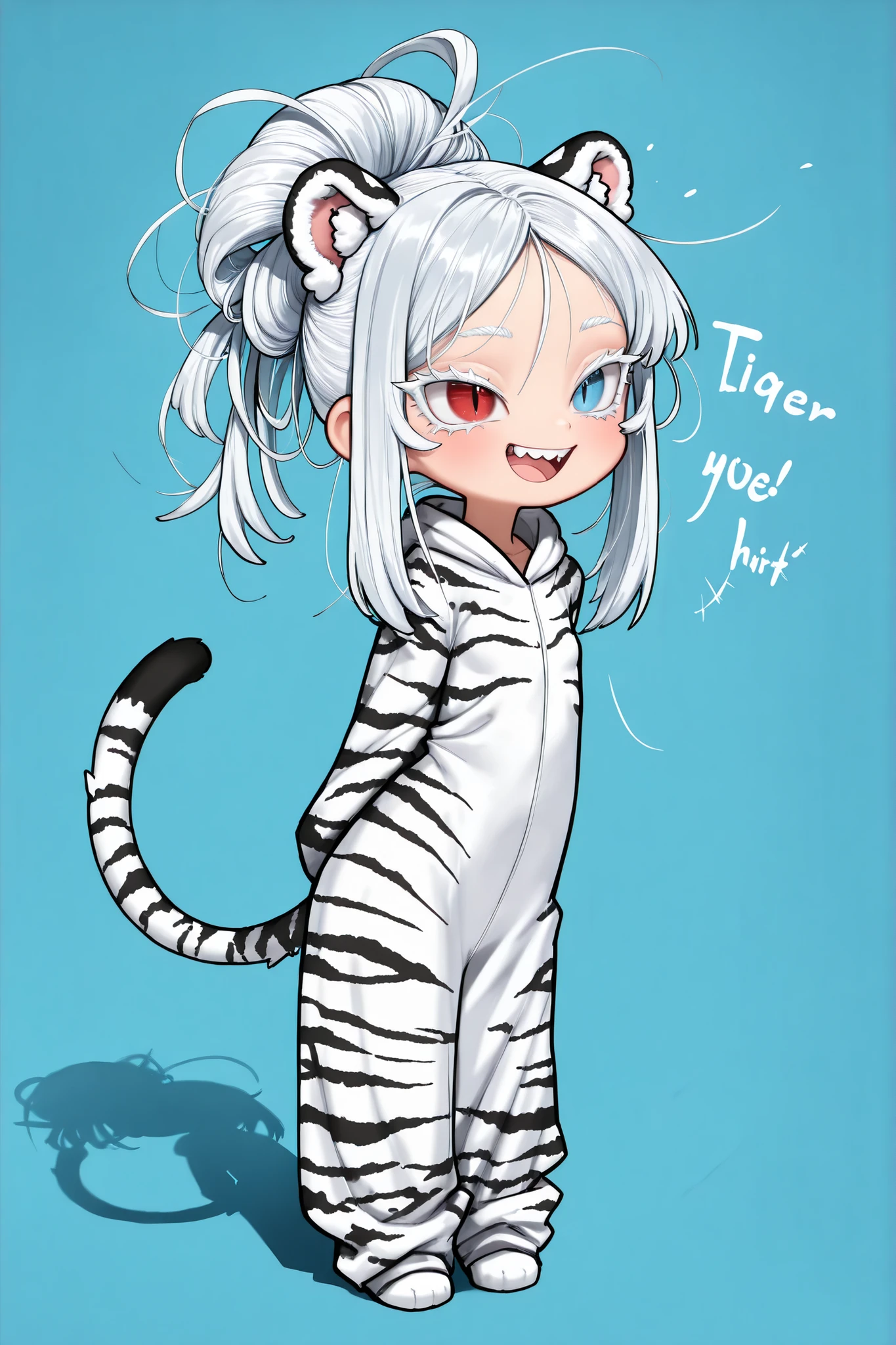  Facing Front、masterpiece， Delicate Details，great appearance，((solo, Only one person)), ((deformed)), ,Highest Quality, Ultra High Definition, masterpiece 【main character】、((solo, anime))、((womanhood)), laugh happily, ((Long White Hair, long hair up to the back))、Turquoise blue as inner color、 ((Heterochromia, my left and right eyes are different colors、red eyes, blue eyes)), ((My eyelashes are white, white eyelashes)),  ((tsurime)), ((slant eyes)), Slit Pupils, white skin,   ((angle from the front))、
(detailed face, Detailed Eyes, detailed hair), 
Wearing a white tiger costume、Gao's pose with both hands 、The mouth says gao、can see double teeth、Tiger pattern on face、