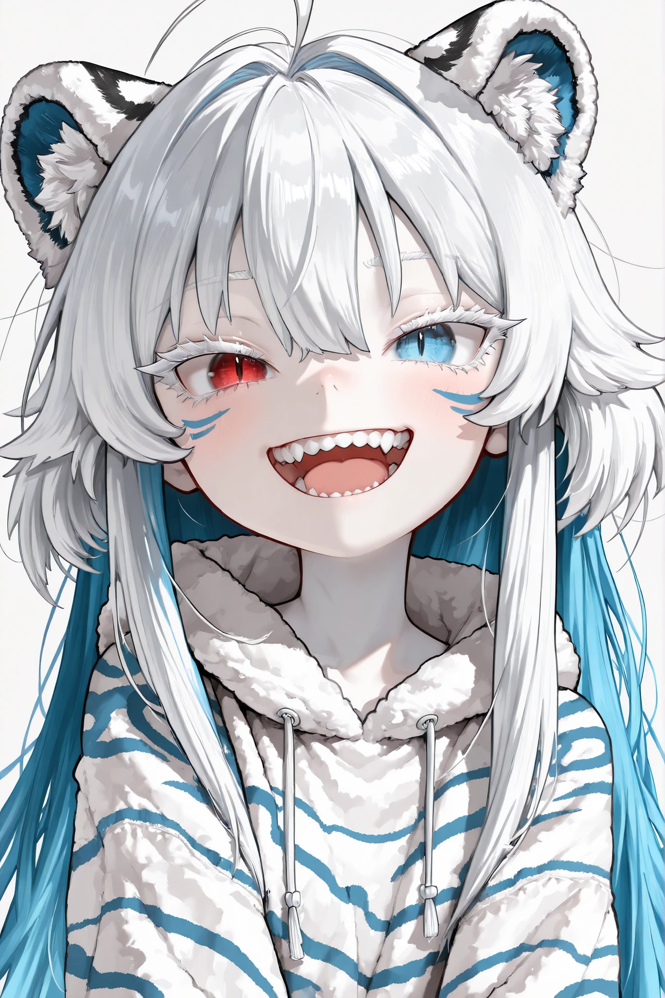  Facing Front、masterpiece， Delicate Details，great appearance，((solo, Only one person)), ((deformed)), ,Highest Quality, Ultra High Definition, masterpiece 【main character】、((solo, anime))、((womanhood)), laugh happily, ((Long White Hair, ))、Turquoise blue as inner color、 ((Heterochromia, my left and right eyes are different colors、red eyes, blue eyes)), ((My eyelashes are white, white eyelashes)),  ((tsurime)), ((slant eyes)), Slit Pupils, white skin,   ((angle from the front))、
(detailed face, Detailed Eyes, detailed hair), 
Wearing a white tiger costume、Gao's pose with both hands 、The mouth says gao、can see double teeth、Tiger pattern on face、